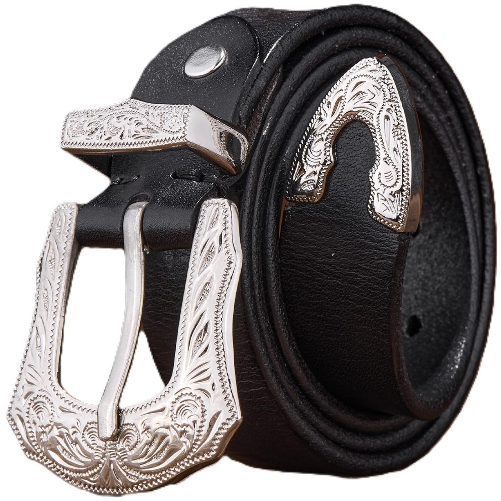 AGUTALITHIC Full Grain Leather Distressed Belt for Men,Carved Floral Silver Buckle,Heavy Duty Strap Daily Wear for Jean Pants(105cm/41, Black)