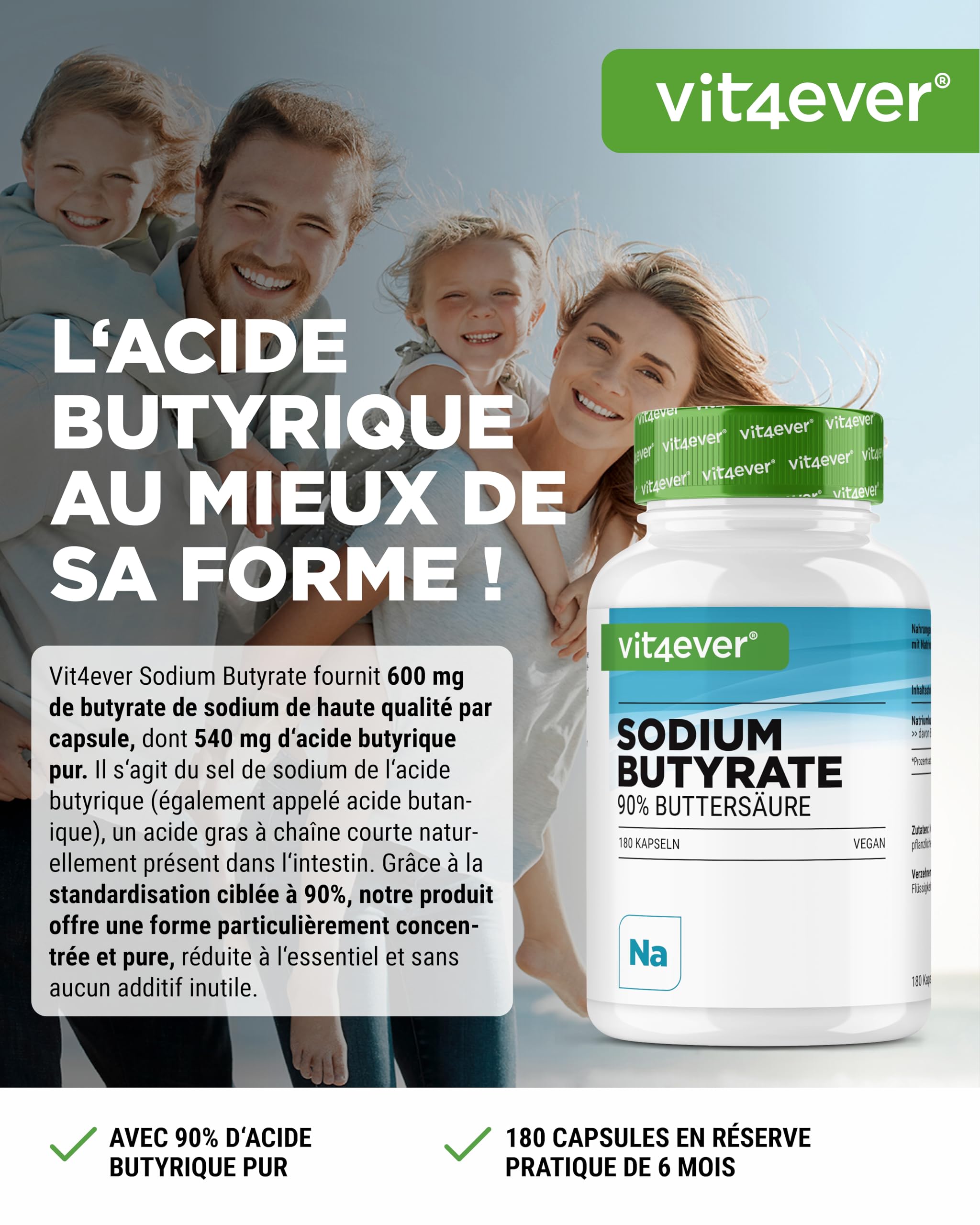 Butyrate de sodium - 180 gélules de 600 mg - Premium : 90% d'acide butyrique - Butyrate de sodium pur sans additifs indésirables - Hautement dosé, végétalien