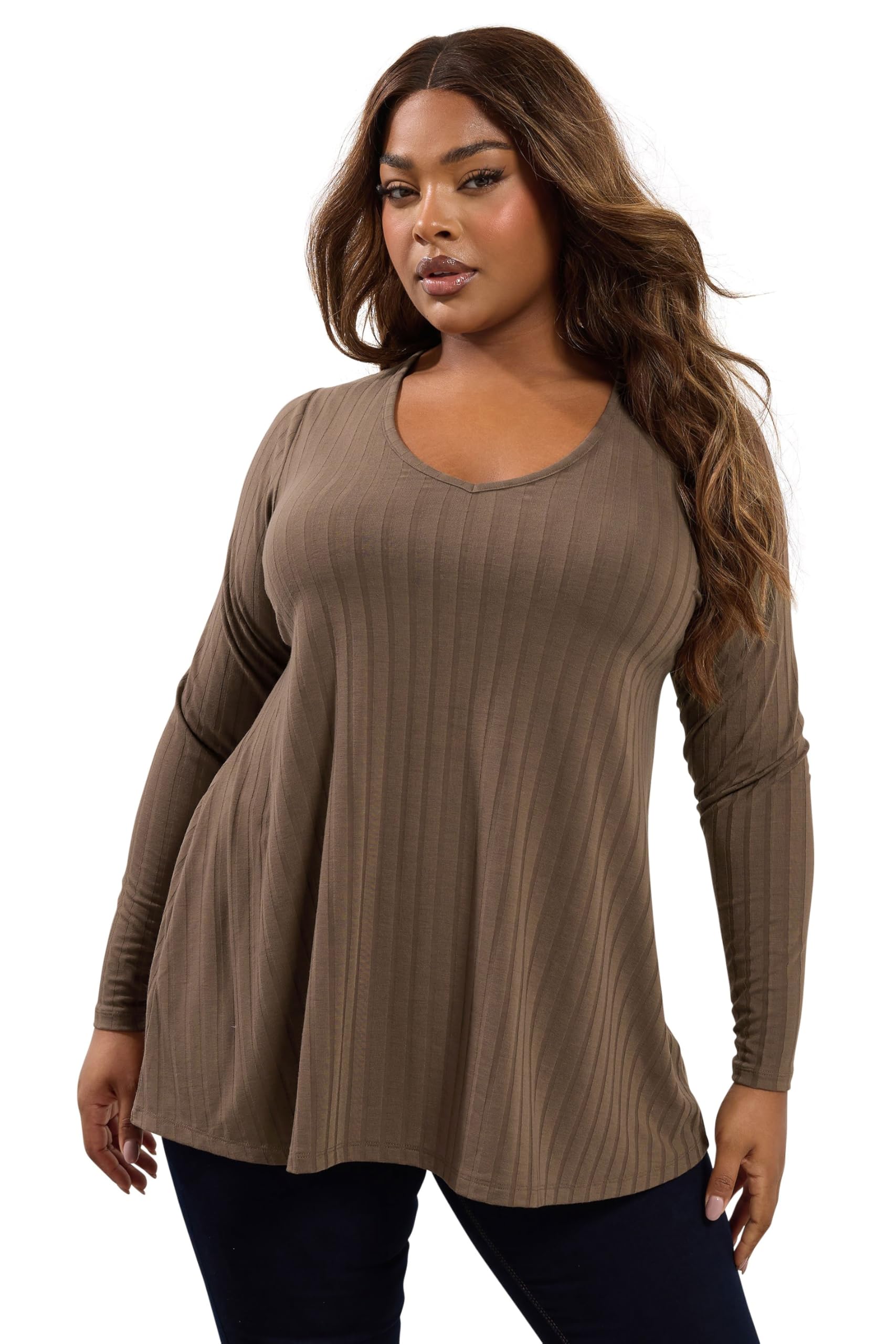 Yours Curve Mocha Ribbed Swing T-Shirt - Women's - Plus Size Curve