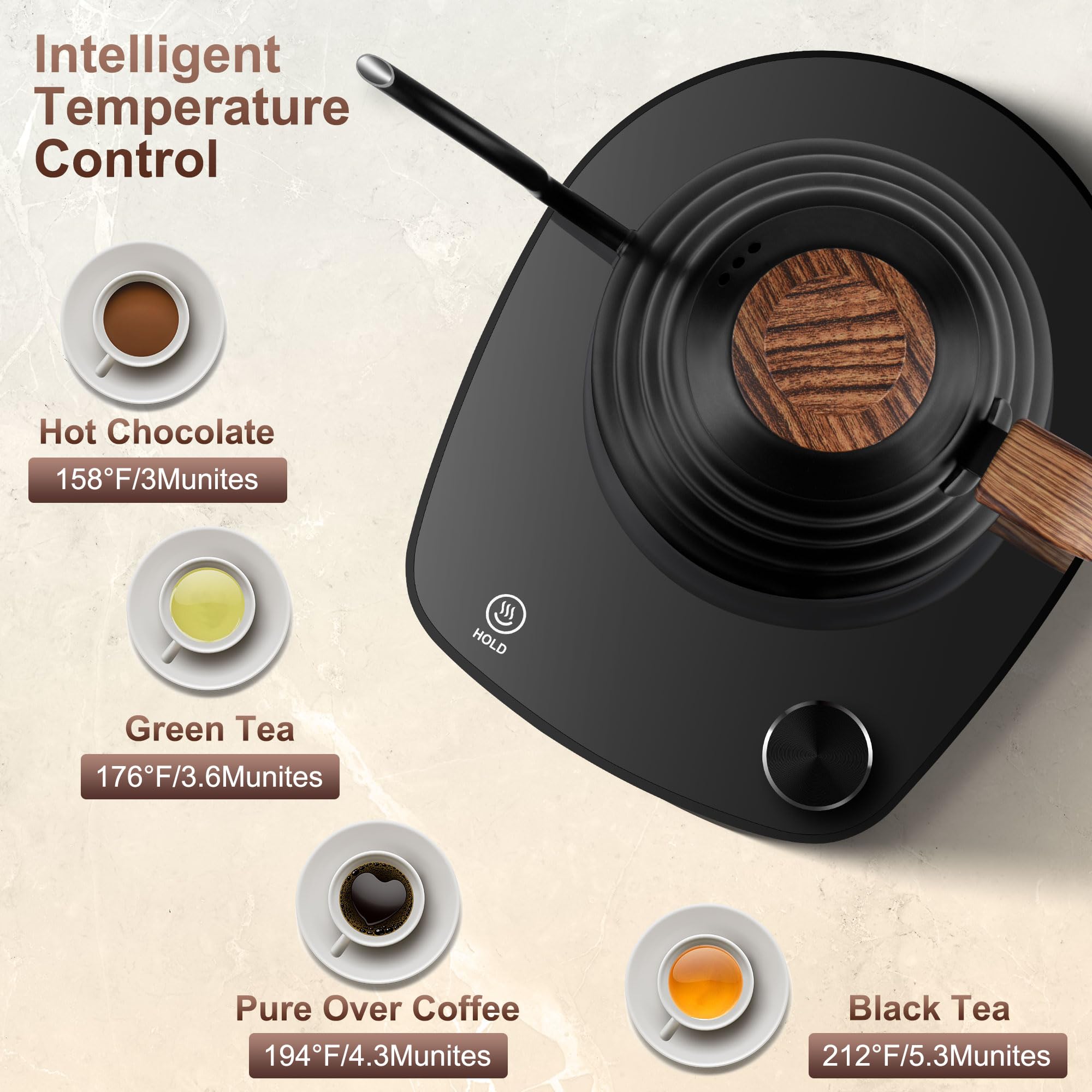 Gooseneck Electric Kettle, 30oz 0.9L Water Electric Kettle with Intelligent Temperature Control Quick Heating 304 Stainless Steel for Coffee Tea Boil Hot Water 1000W(Black)