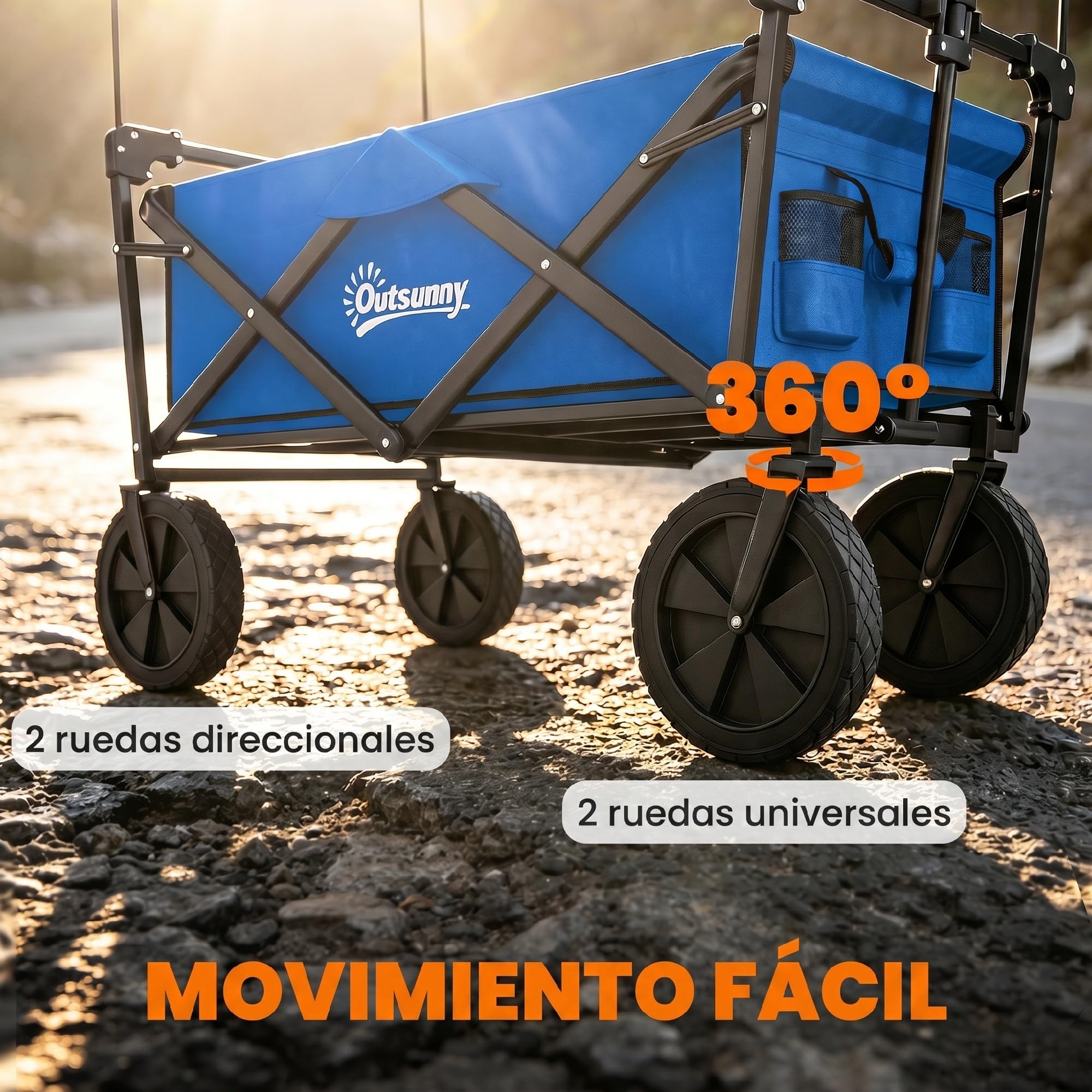 Outsunny Carro Plegable con Toldo Desmontable Carro de Playa Carro de Jardín con Longitud y Ángulo del Mango Ajustables Ruedas Grandes y Bolsa de Transporte Carga 100 kg para Compra Azul