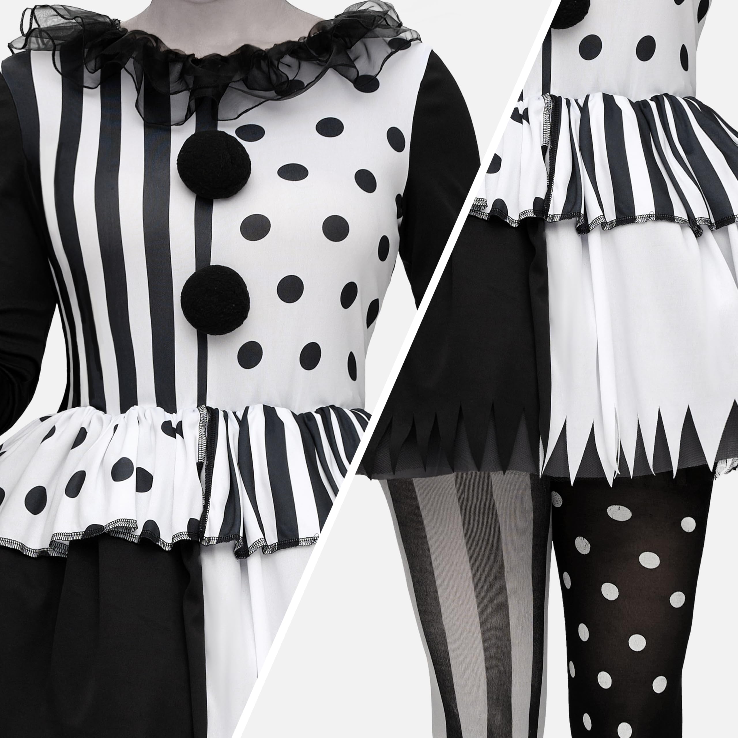 Spooktacular Creations Kostium klauna dla dorosłych kobiet, czarno-biały, na Halloween, kostium przerażający dla dorosłych, cosplay, rozmiar S