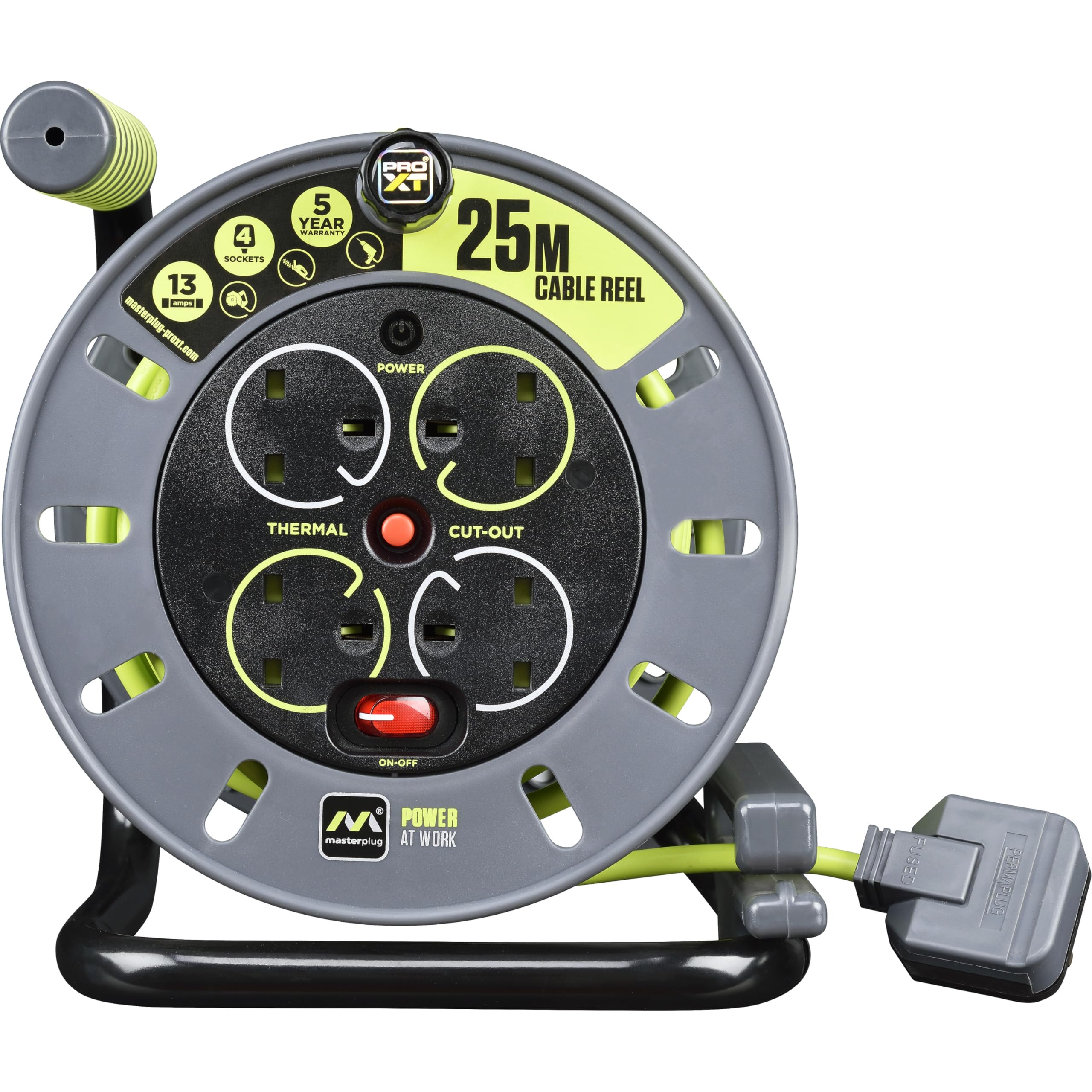 Masterplug Pro-XT Four Socket Open Cable Reel Extension Lead with Winding Handle, Thermal Cut Out and Power Switch, 25 Metres High Visibility Cable, Green