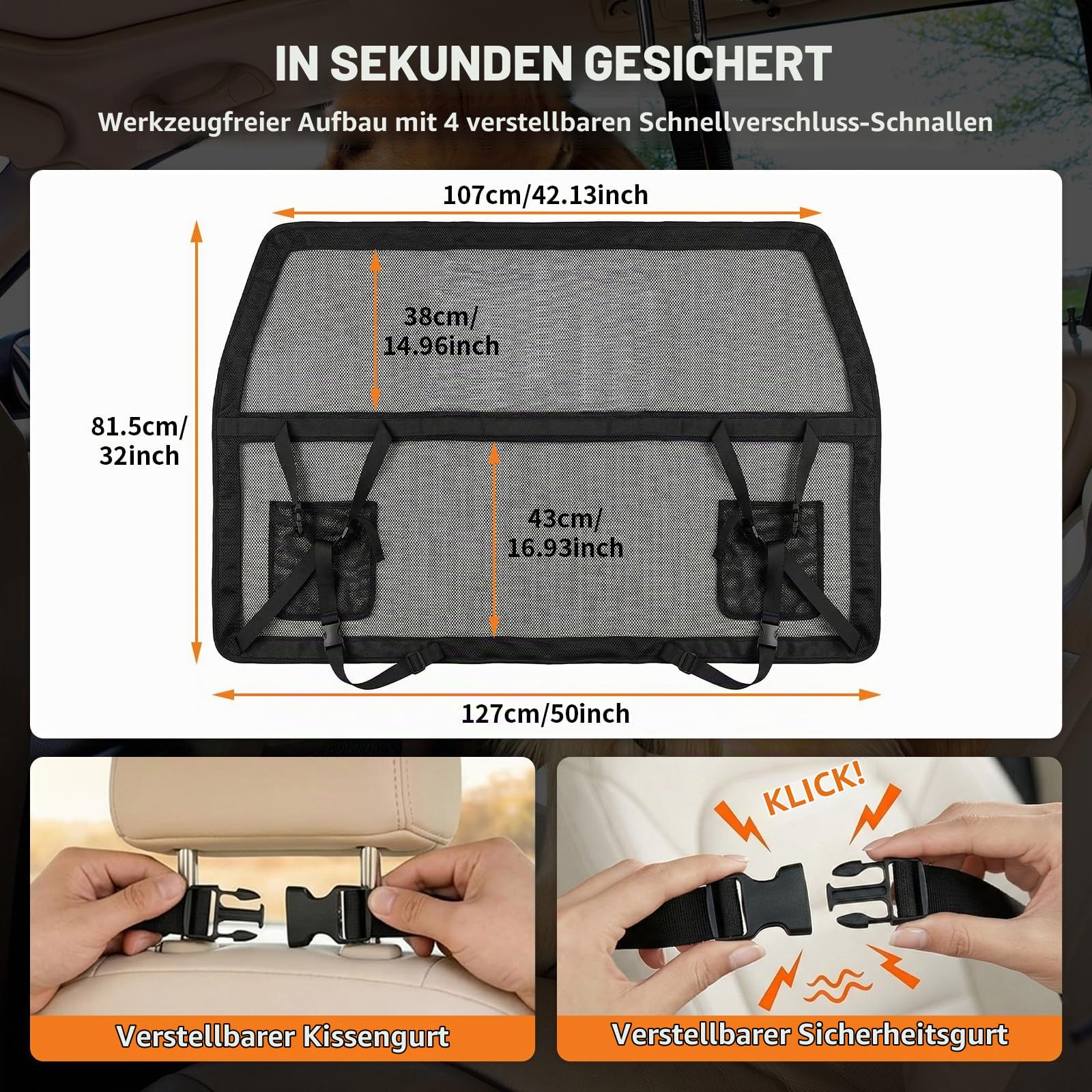 Hundegitter Auto Rücksitz & Kofferraum — 107*127cm Hundeauto Trenngitter mit verstärkte Transparentem Netz und Stabilem Metallrahmen , Trennbarriere für Hunde Universal Fit für SUV und Limousine