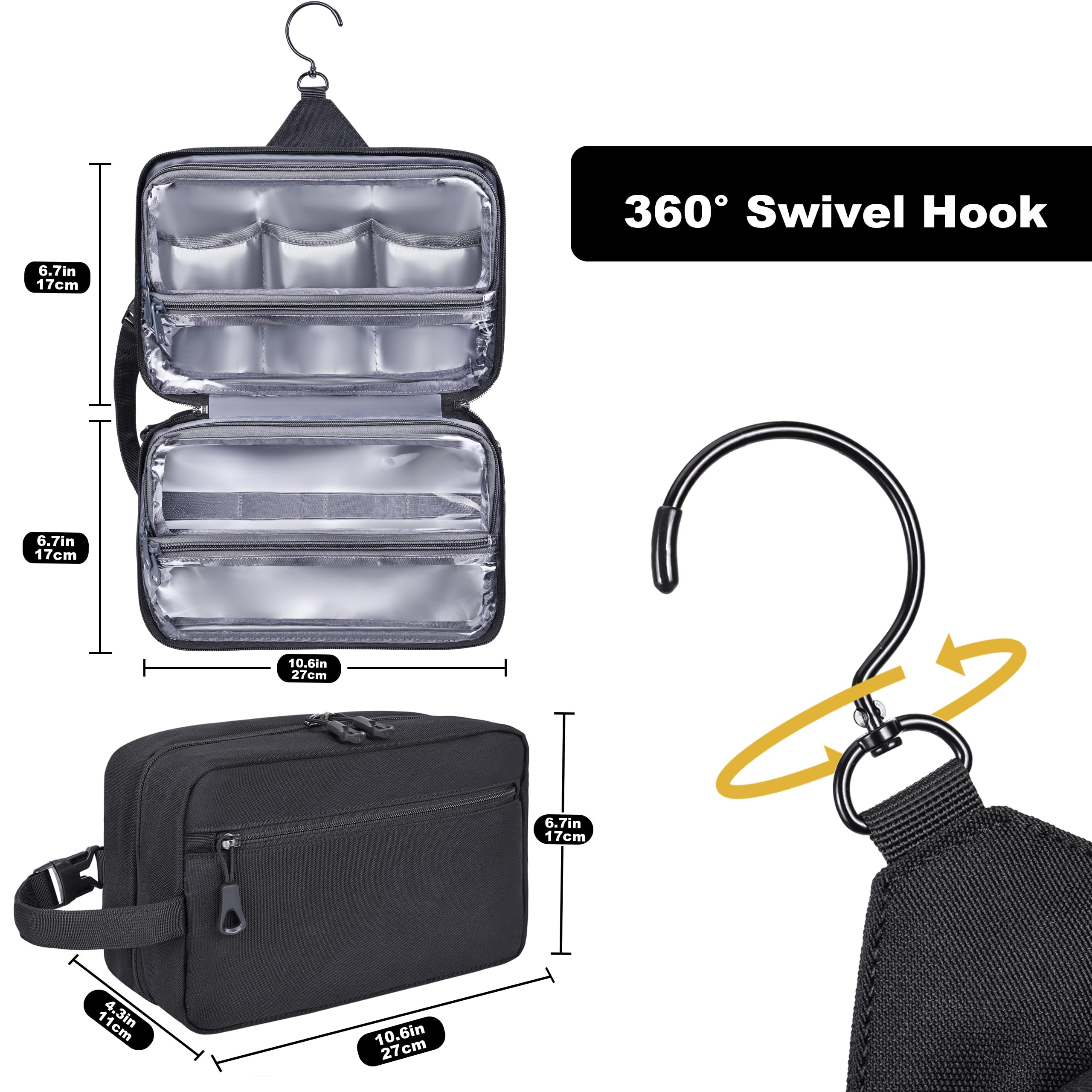 HILOMON Neceser para hombre, con cremalleras YKK, para colgar en el baño, ducha, con gancho giratorio de metal XXL, gran comparación, impermeable para accesorios de viaje, Negro -, 10.6x6.7x4.3,