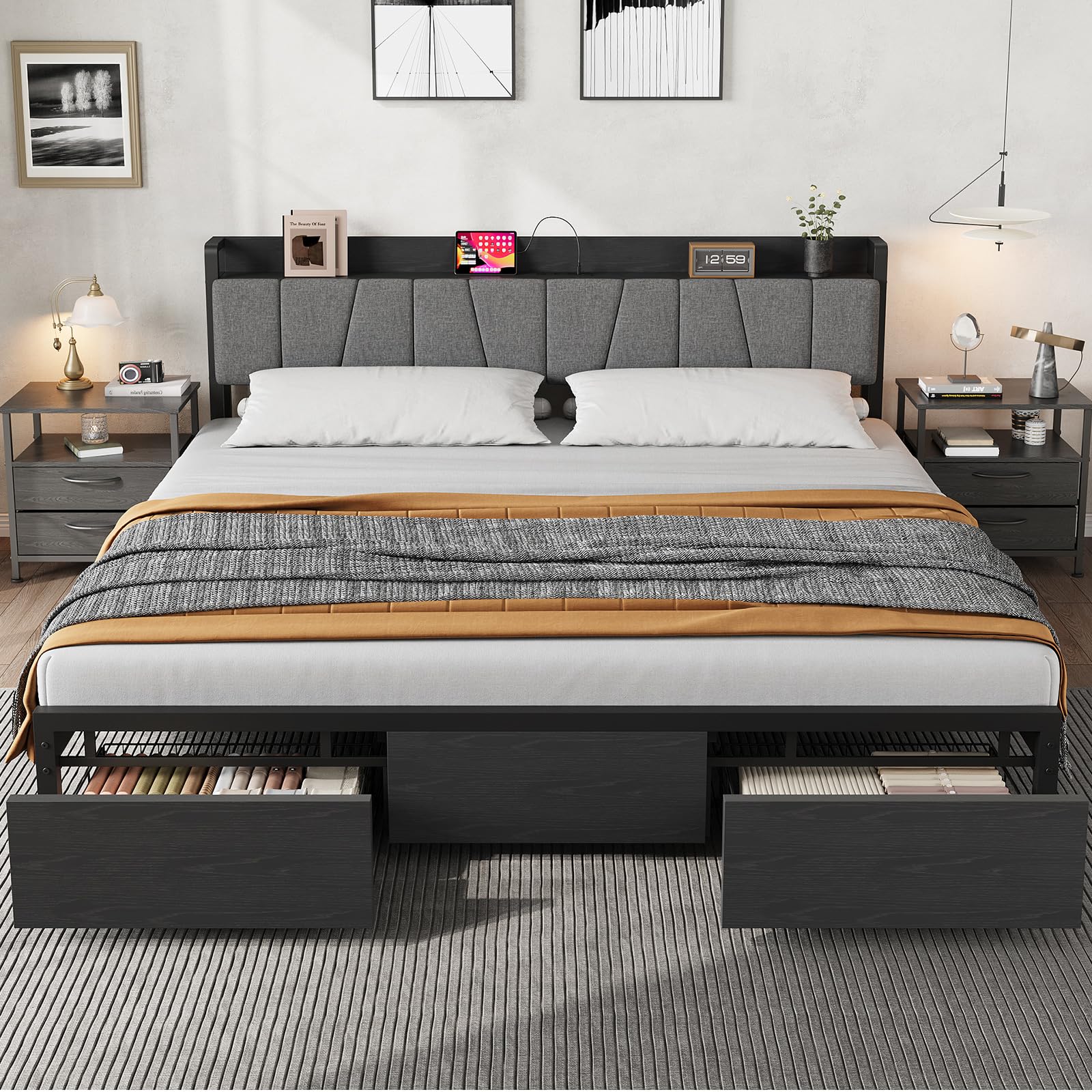 GarveeHome King Size Bed Frame with Storage Headboard, Industrial King Platform Bed with 2 Large Drawers and Charging Station, Black No Box Spring Needed Bedframe