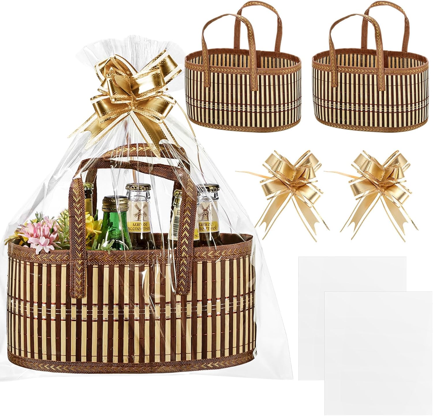 Baskets for Gifts Empty Sturdy Woven Bamboo Gift Basket with Gift Bags and Ribbons for Christmas Thanksgiving Birthday Mothers Day Housewarming Party Gift Wrapping, 12"x 8"x 6"(2 Set)
