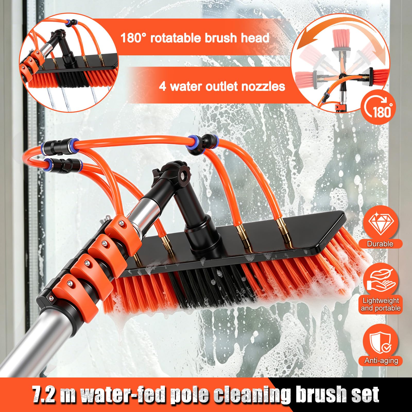 Kit Pulizia Pannelli Fotovoltaici 7,2 m 3 in 1 Spazzola Lavaggio Telescopica con Attacco Acqua, Asta Telescopica con Spazzola per Finestre, Tettoie, Camper, Pannelli Solari