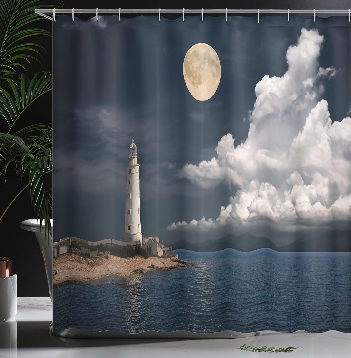 Ambesonne Moon Shower Curtain, Old Lighthouse by The Sea White Clouds and Calm Ocean Landscape Photo, Cloth Fabric Bathroom Decor Set with Hooks, 69" W x 70" L, Dark Blue Ivory White