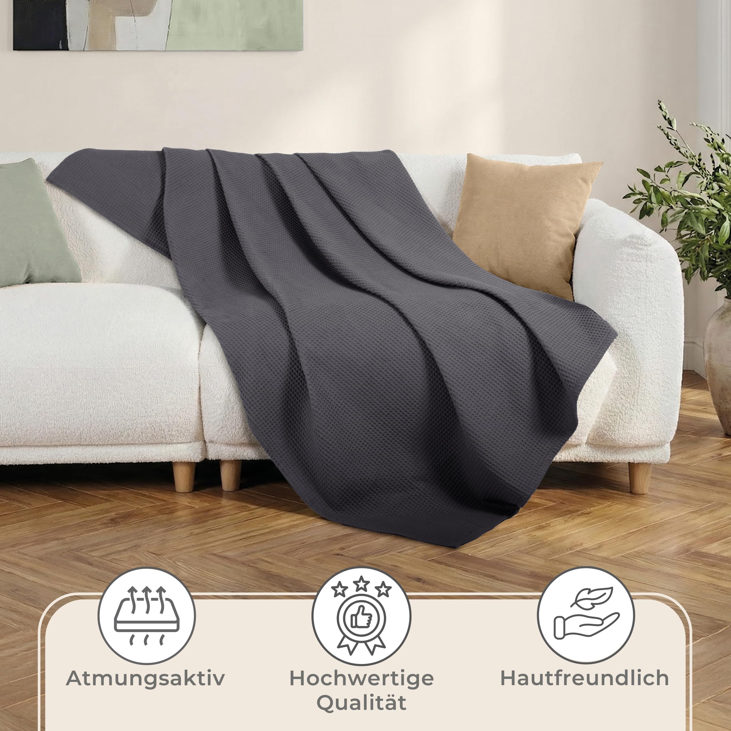 LAYNENBURG Premium Tagesdecke 150 x 200 cm - Waffelpique 100% Baumwolle - leichte Sommerdecke Waffeloptik - Baumwolldecke als Überwurf, Sofa, Couch-Decke (anthrazit)