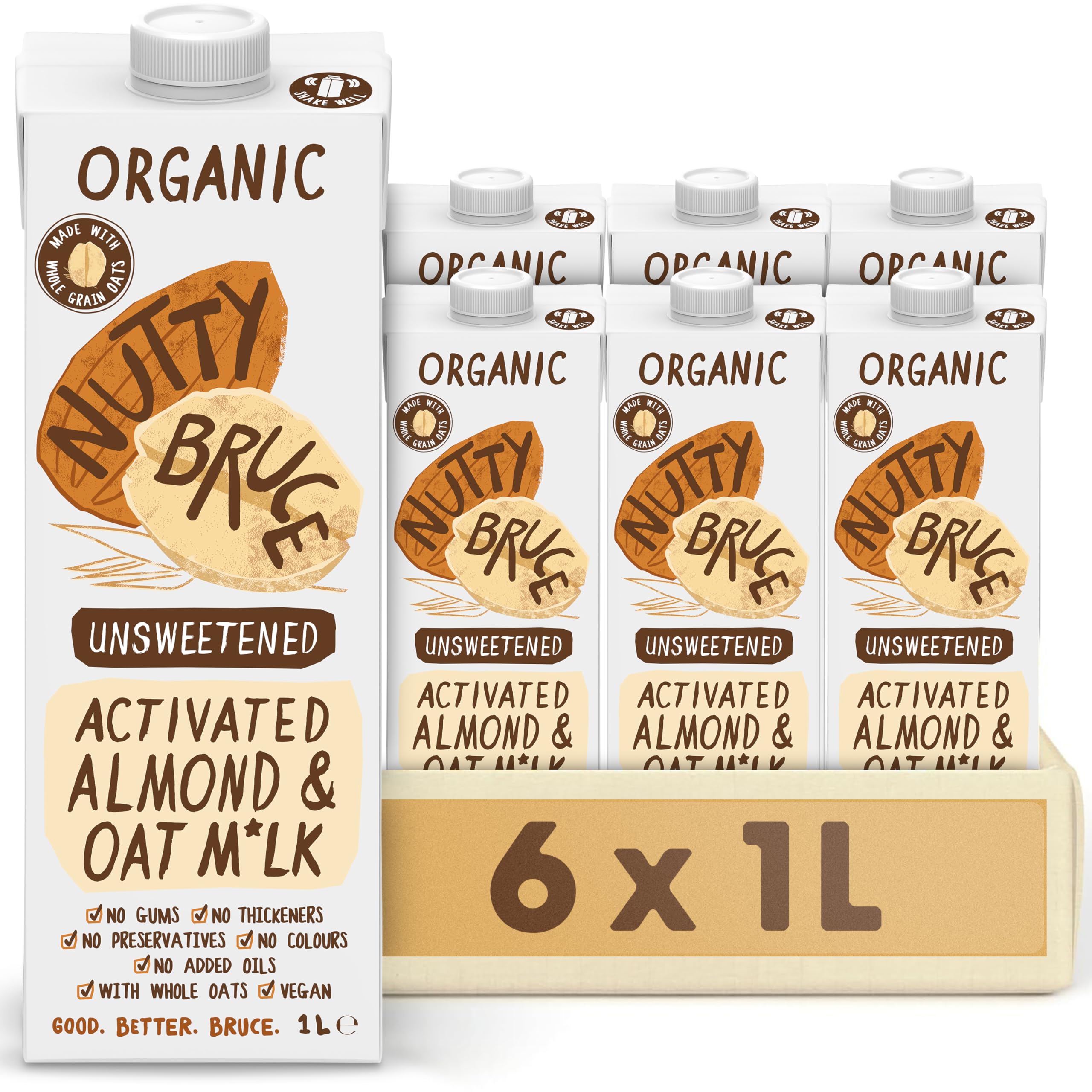 – Nutty Bruce - Unsweetened Activated Oat & Almond Milk - Certified Organic & Vegan Alternative Milk, No Preservatives or Added Oils, Lactose Free, Dairy Free, Soy Free - 6 pack x 1L