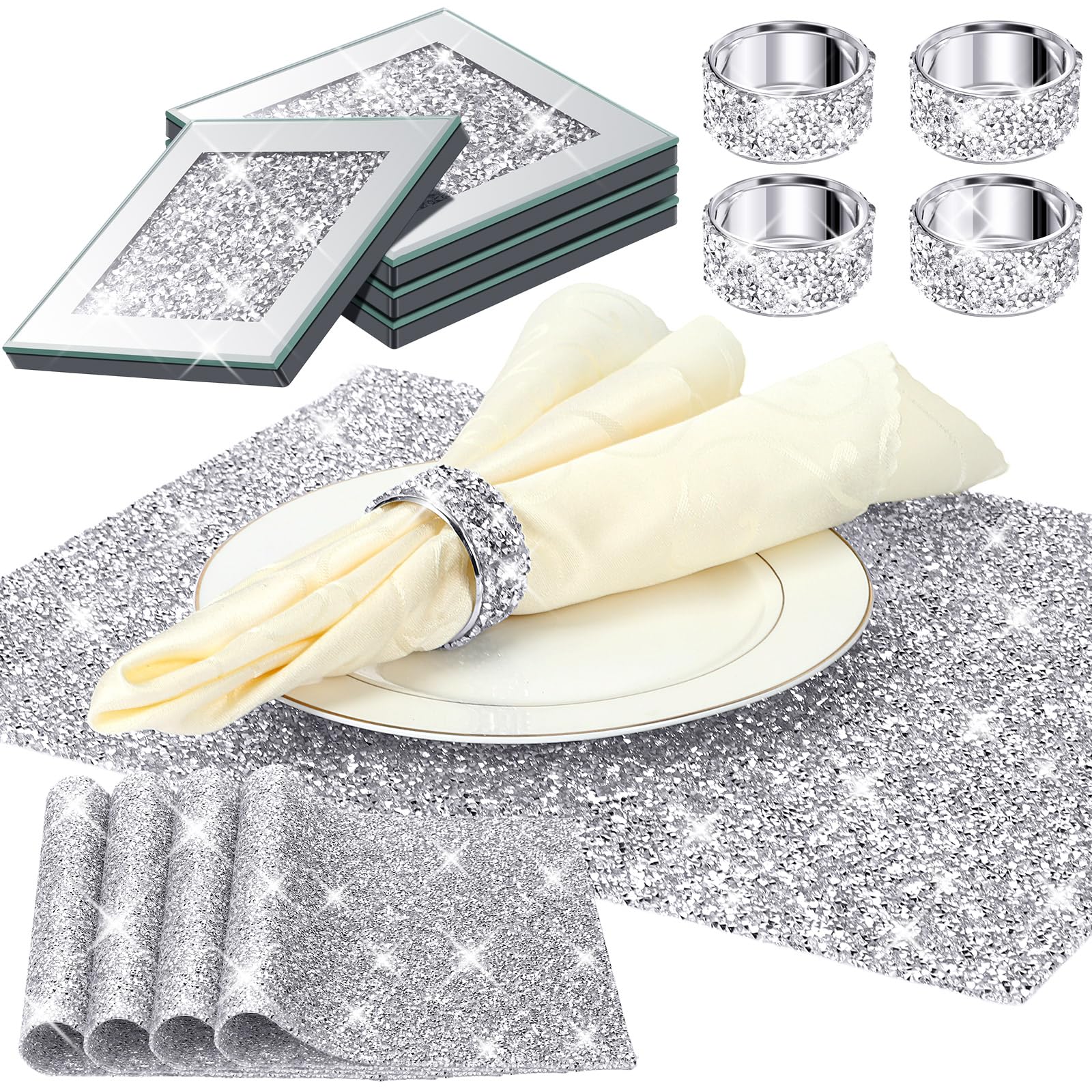Dandat Set di 12 portatovaglioli argentati con strass argentati, sottobicchieri a specchio, include 4 tovagliette circolari, 4 sottobicchieri in vetro, 4 portatovaglioli per tavolo da pranzo