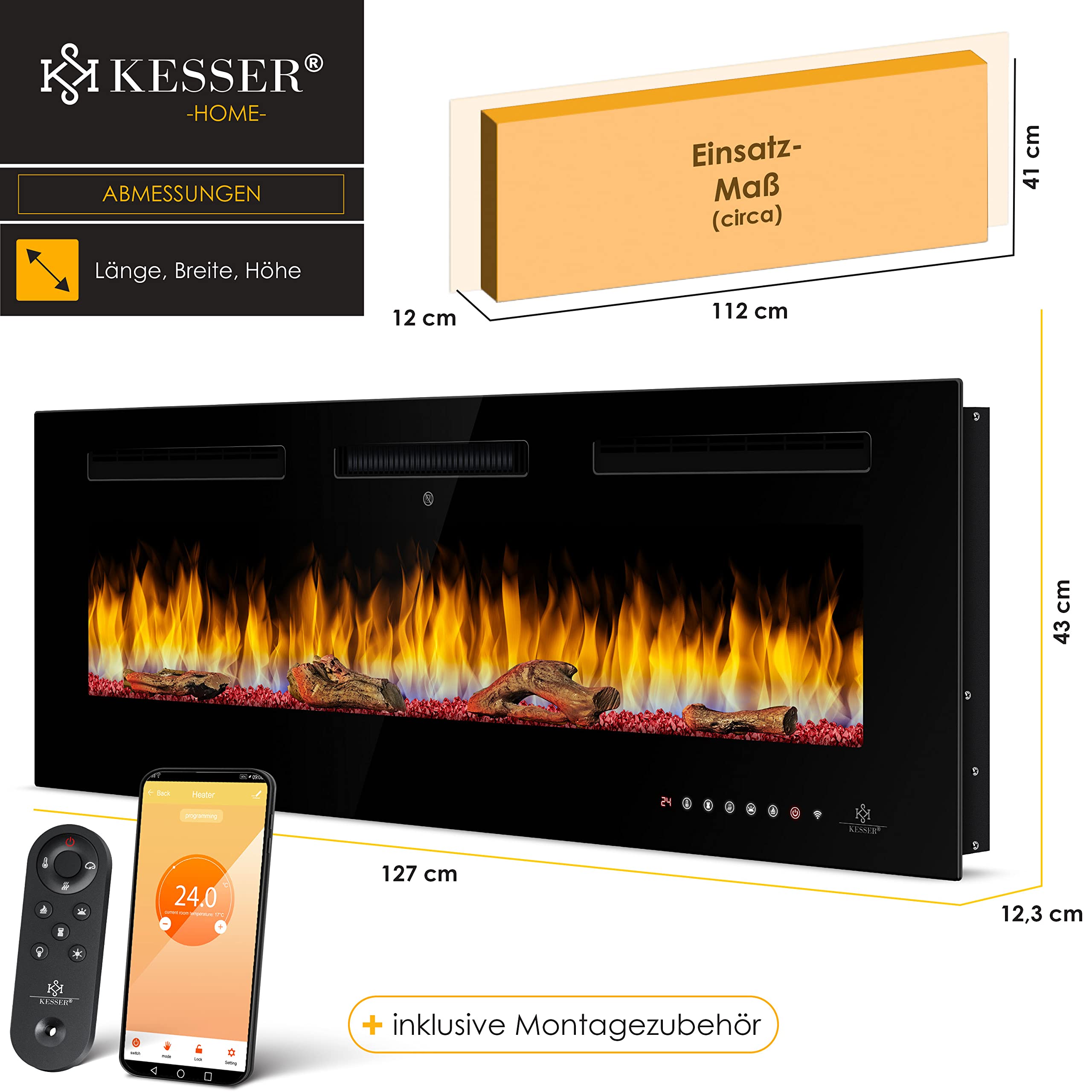 KESSER® Kominek elektryczny, ścienny, kominek elektryczny z ogrzewaniem, 9 trybów kolorystycznych LED, efekt płomienia 900/1800 W, piec kominkowy, ściana i kominek do zabudowy, montaż ścienny,
