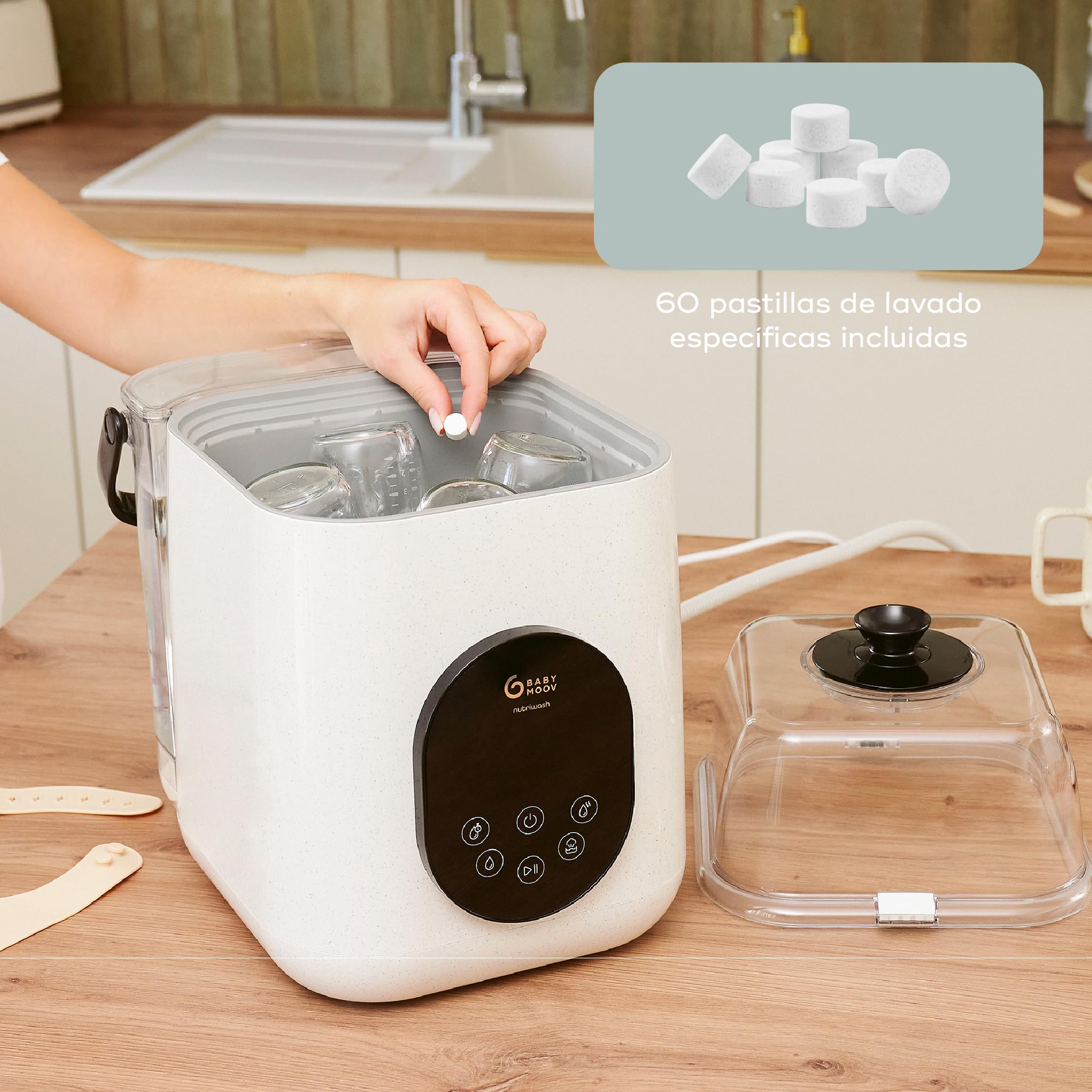 Babymoov Lavabiberones eléctrico NutriWash - Lava, esteriliza, seca y almacena - 11 programas rápidos a partir de 19 min - Compatible biberones y accesorios - Pantalla táctil - Garantía de por vida