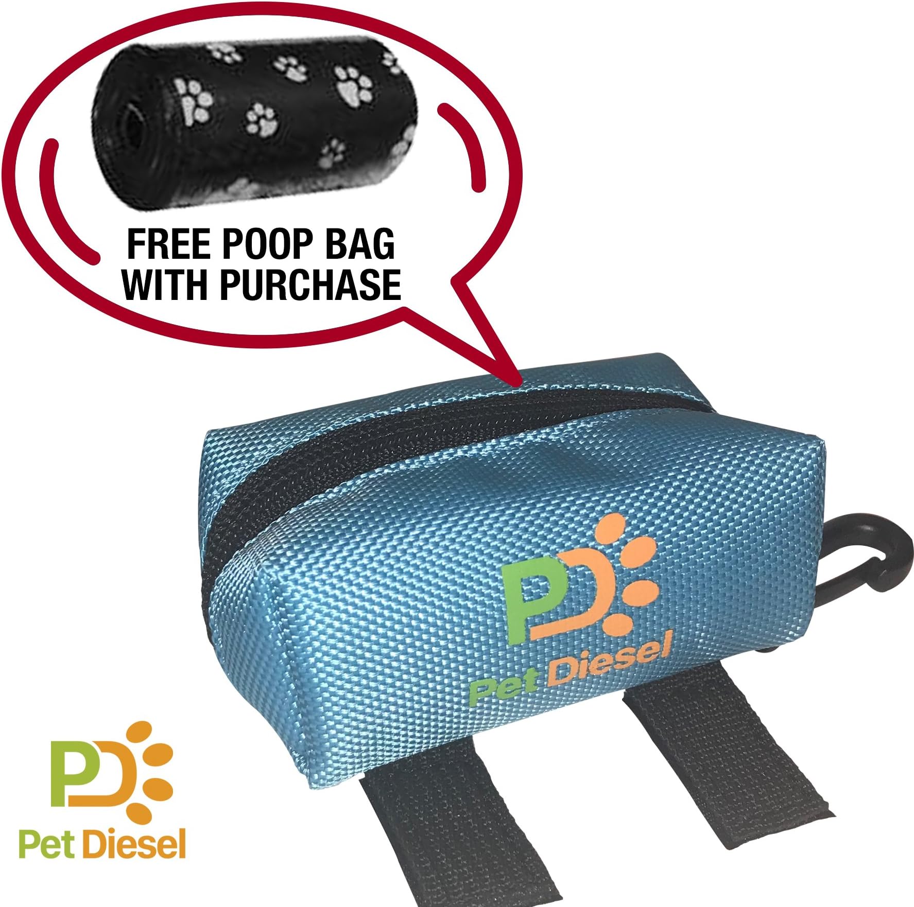 Dog Poop Bag Holder + Free Roll of Poo Bags | Durable Waste Dispenser | Pickup Bag for Your Pet | Heavy Duty, Leak Proof & Non-See Through Holder | Daily Walks & Travel | Zippered Pouch w/Hook (Blue)