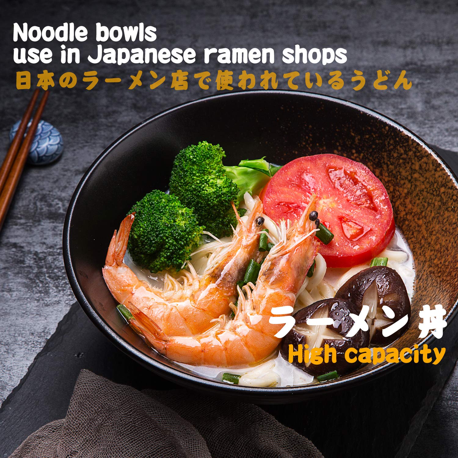 Genérico Juego de 6 tazones Grandes de Porcelana para Sopa Ramen de 2,700 ml con cucharas y Palillos, para Udon, Pasta, pho, soba, Cereales y ensaladas.