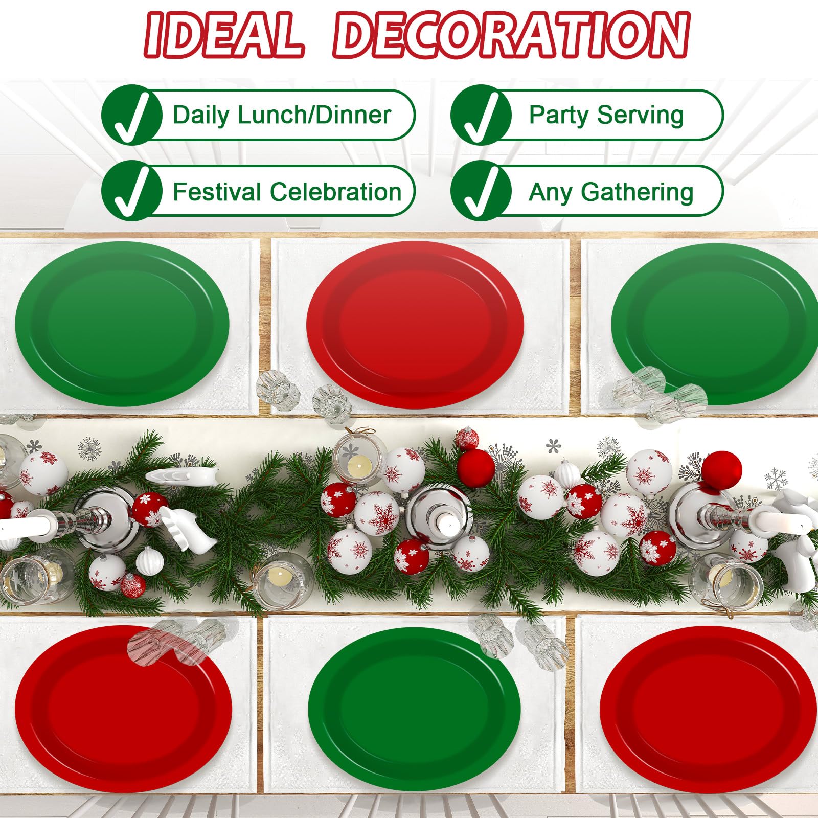 50 platos de papel ovalados de Navidad a granel, grandes, desechables, de 11 pulgadas, color rojo y verde, bandeja de platos resistente para Navidad, invierno, vacaciones, fiesta de cumpleaños,