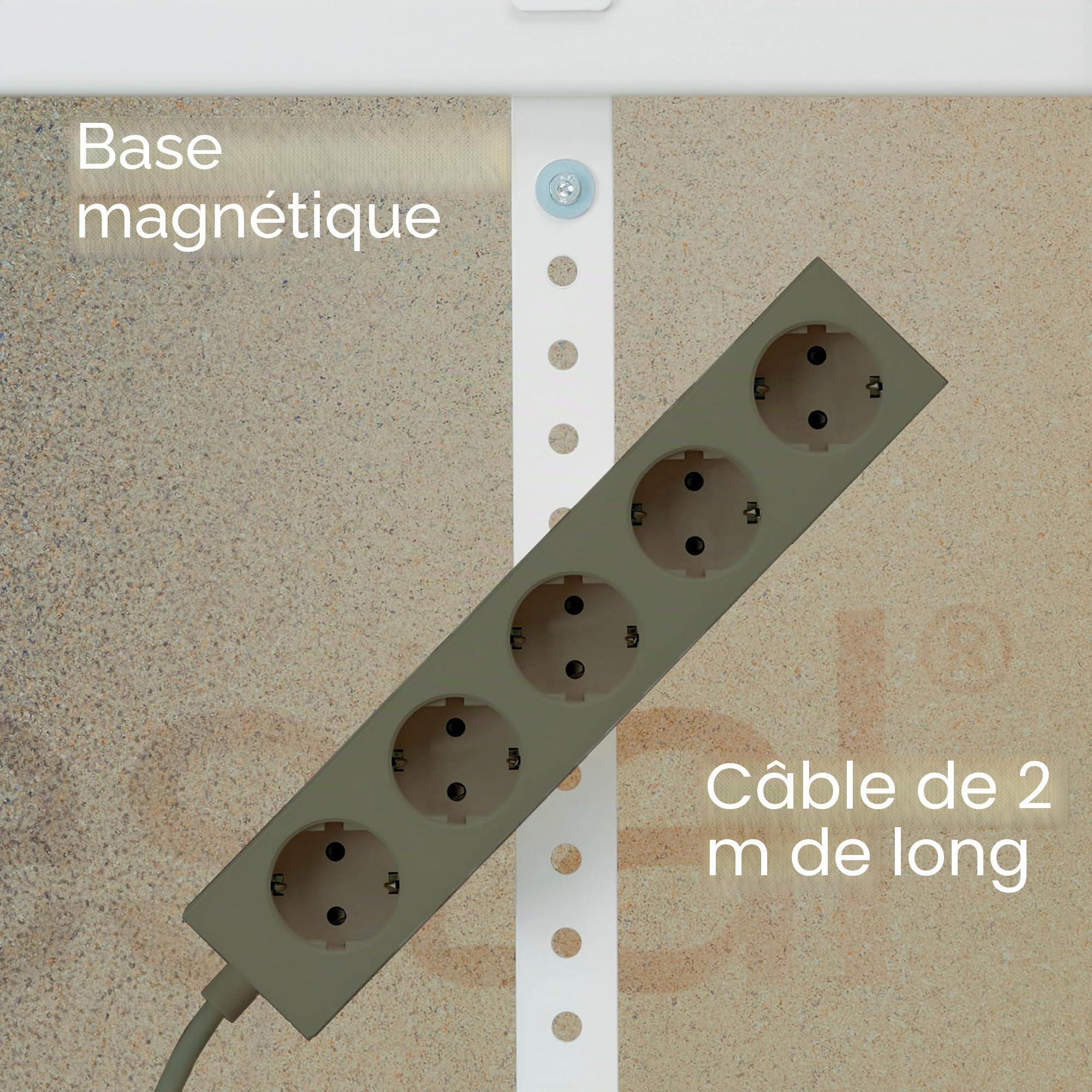 Pedestal Power Bar Multiprise de 2 m avec base magnétique, prise pratique et élégante avec 5 prises magnétiques, 5 voies Power Strip prise 5 voies