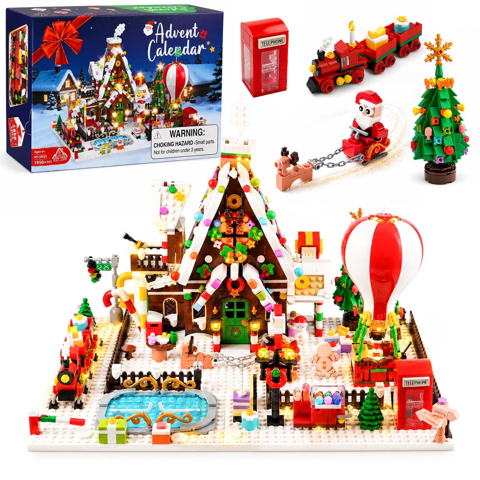 Calendario dell'Avvento 2026, casa di pan di zenzero, mini set con luce, conto alla rovescia di 24 giorni, villaggio di Natale, strada principale, kit con albero di Natale, treno, mongolfiera