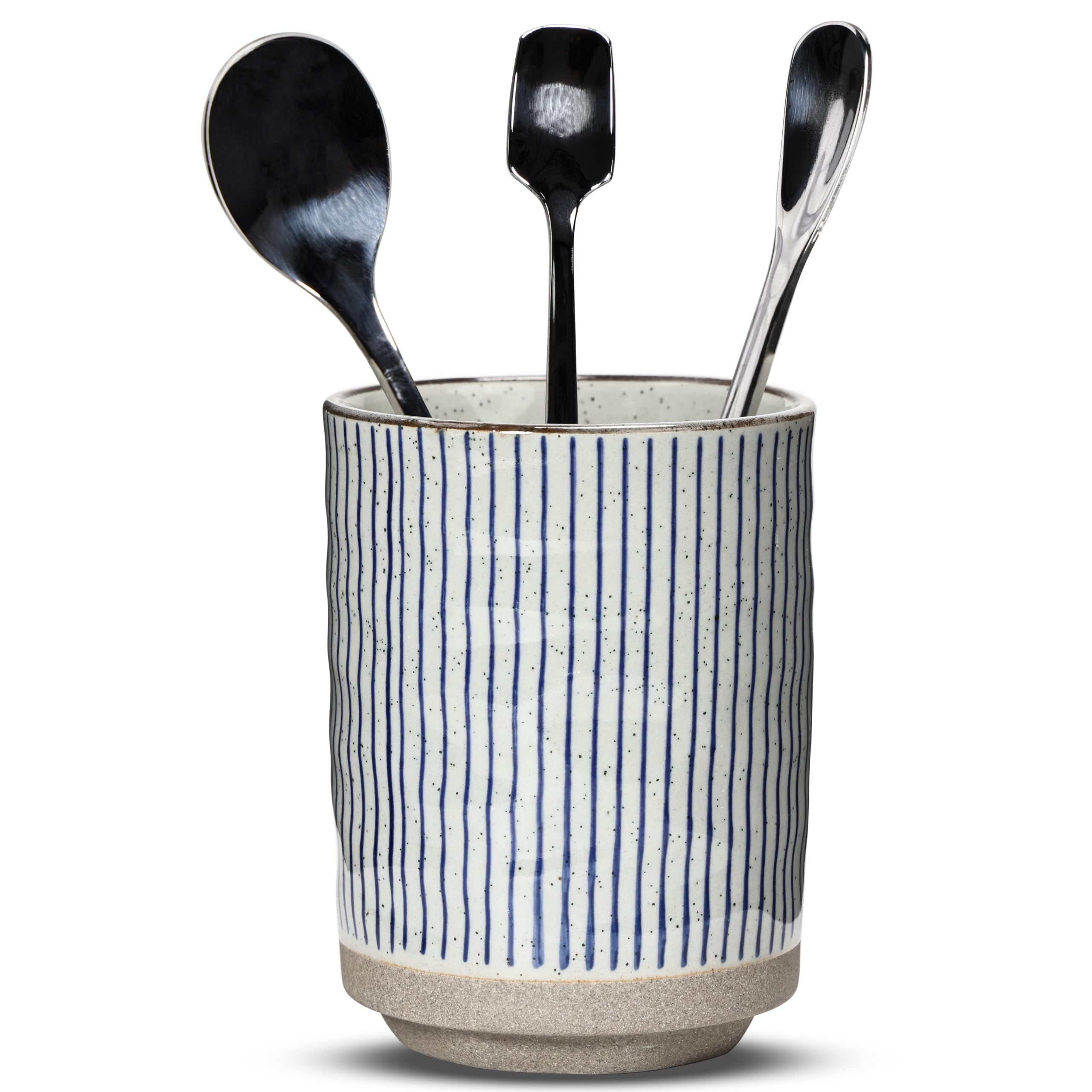 U-TIMES Ceramic Spoon Holder for Coffee Bar, Upright Tea Spoon Holder Cup, Coffee Stirrers Straws Stir Stick Holder, Blue Strips