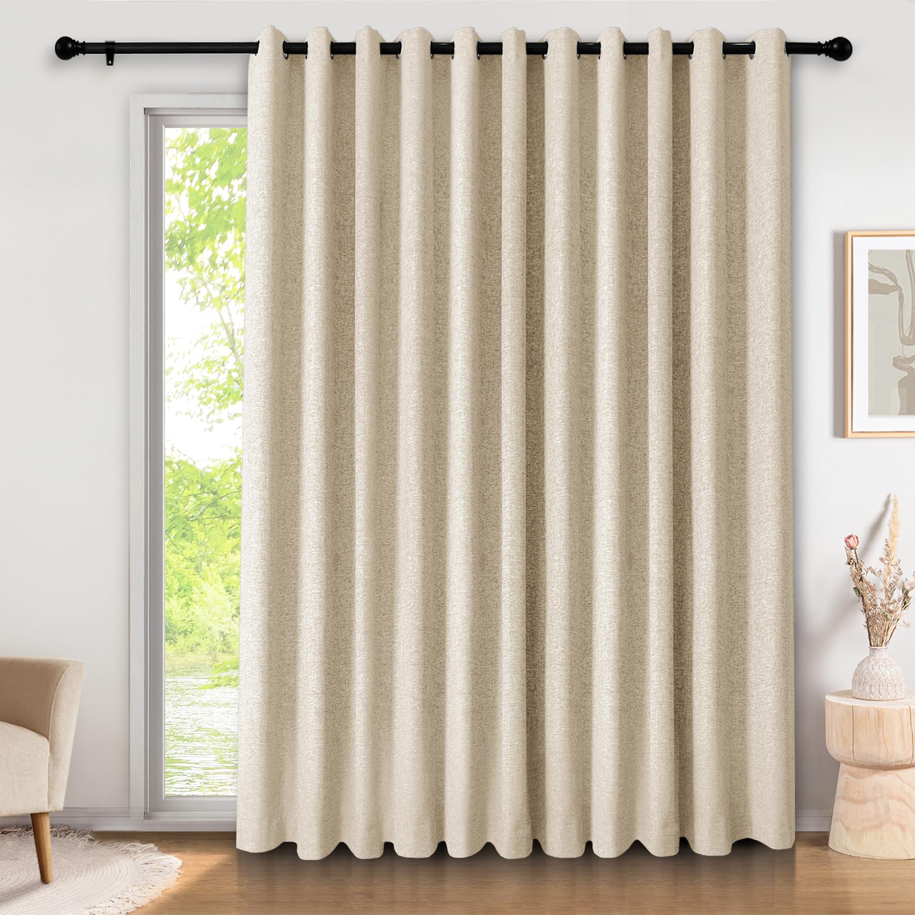 frelement sliding door curtains extra wide grommet top drapes 100% blackout linen curtains for patio door bedroom living room room darkening curtains with tiebacks 1 panel, 100" wx84l, sand beige