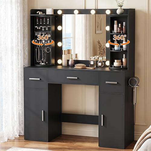 EasyCom Makeup Vanity Desk with Lights, Mirror and Jewelry Storage, Black