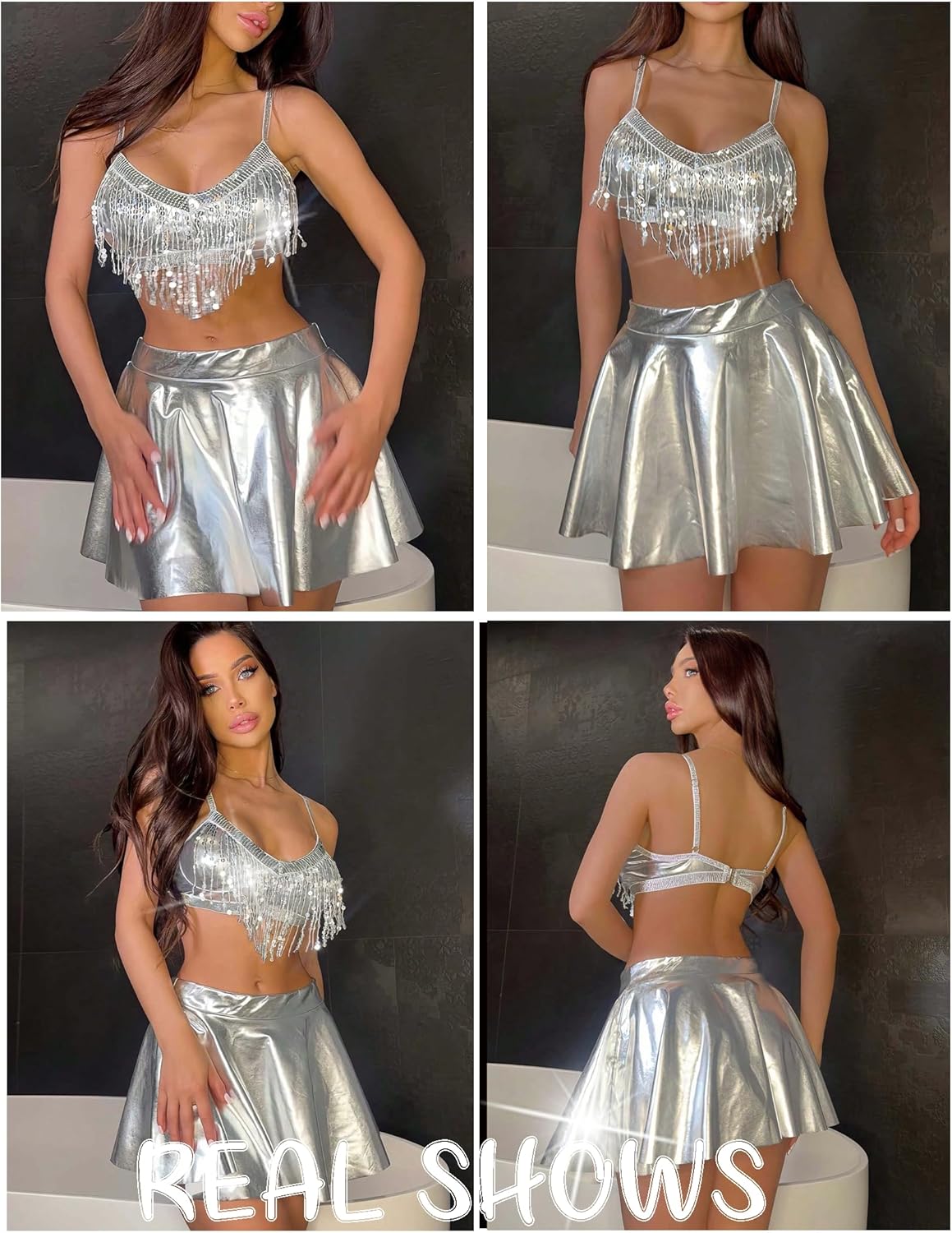 Avidlove Women's Rave Outfit Sets For Women Festival 3 Pcs Metallic Tops Skirt EDM Party Club Holographic Rave Outfits