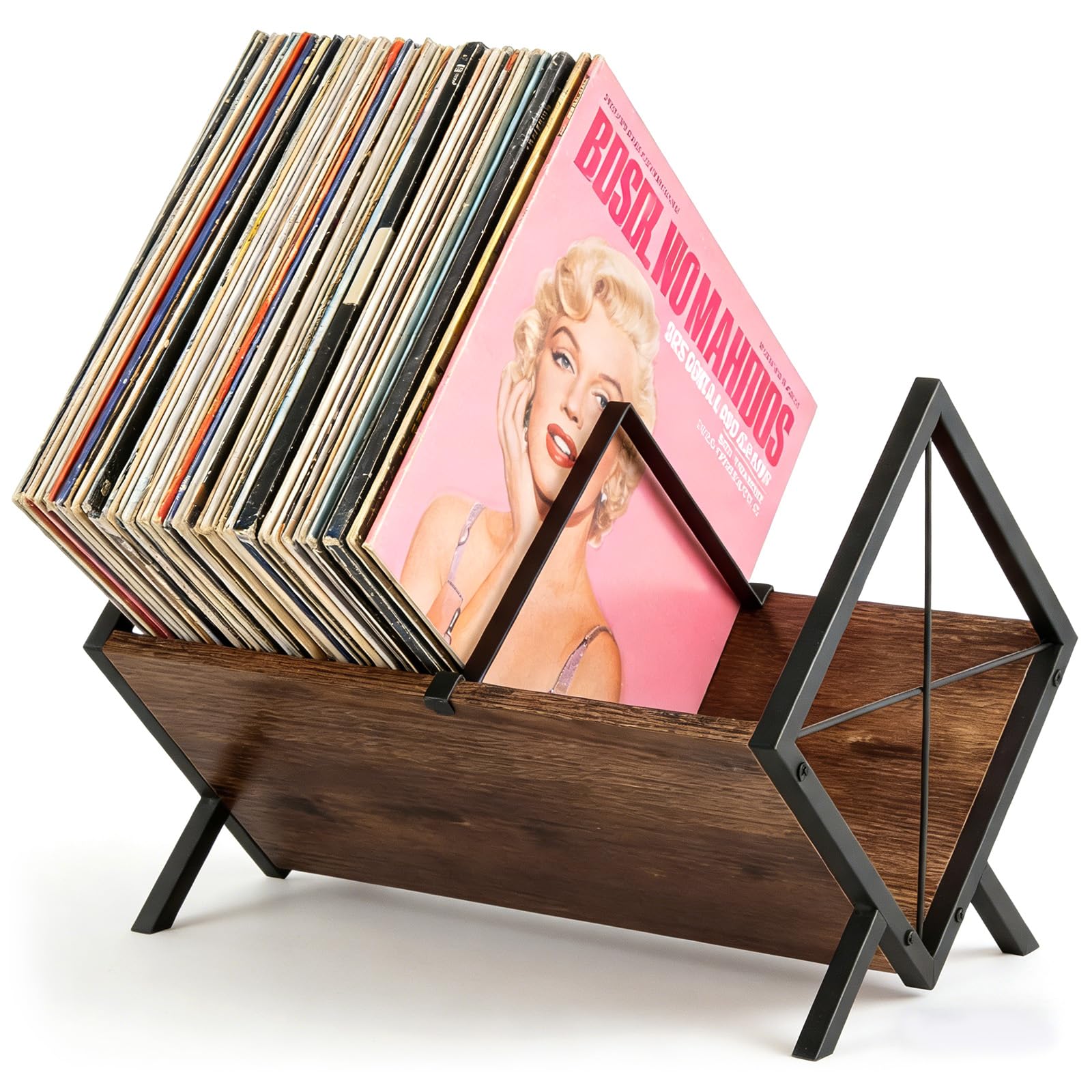 Scaffale in vinile per 80 LPs, combinazione in legno e metallo con divisorio regolabile, portariviste e organizer per CD, album, libri, per soggiorno, ufficio