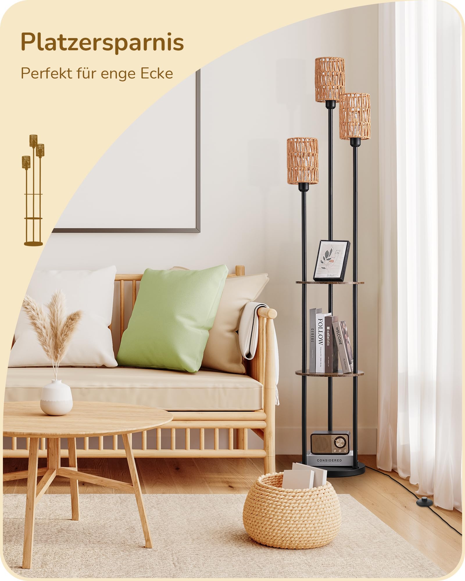 EDISHINE Stehlampe Wohnzimmer 178cm, 3-flammige Vintage Stehleuchte mit Regal & Rattan-Lampenschirm, 3 x E27-Fassung, inkl. Leuchtmittel, Boho Stehlampe mit Fußschalter für Schlafzimmer und Büro