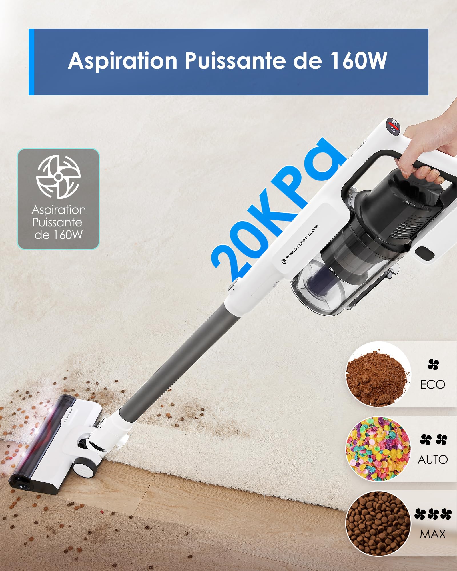 Tineco Bezprzewodowy odkurzacz A30S, ssanie 160 W, czas 60 minut, zbiornik na kurz 1 l, szczotka ZeroTangle, technologia PureCyclone, światło LED