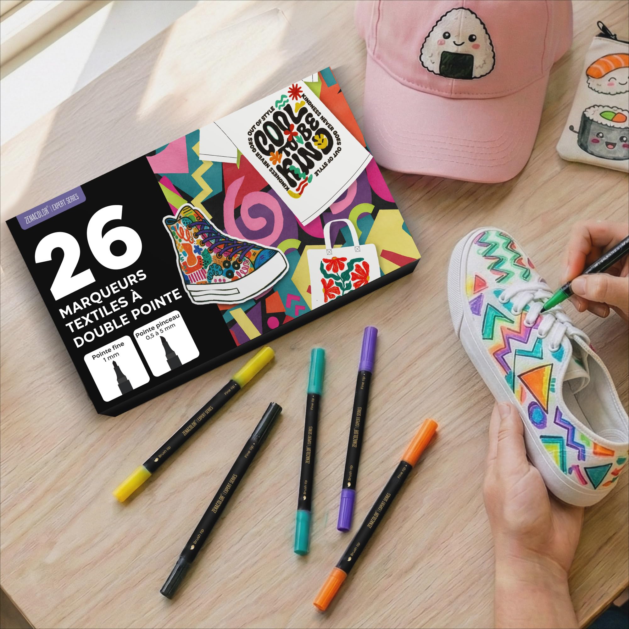 Image secondaire de Kit de 26 Feutres Textiles Permanents Zenacolor - Double Pointe pour Créations Uniques