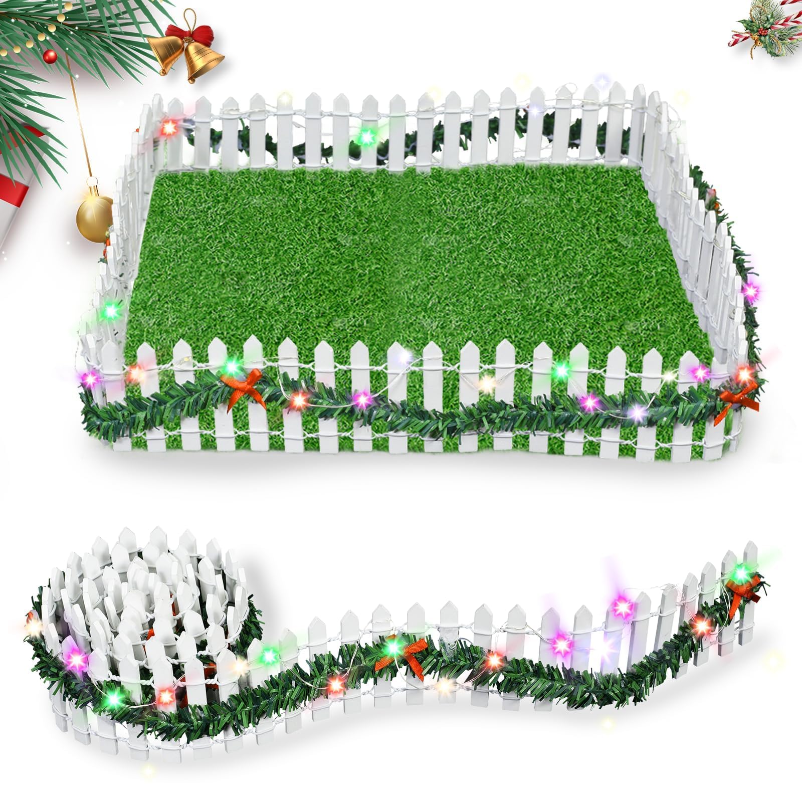 Valla de Navidad en miniatura de madera con luz LED,Mini Valla en Miniatura,Mini Valla Jardin,Mini Valla de Madera,para Manualidades,Bricolaje,Adorno en Miniatura,Navidad Decoracion(Blanca,100 * 5cm)