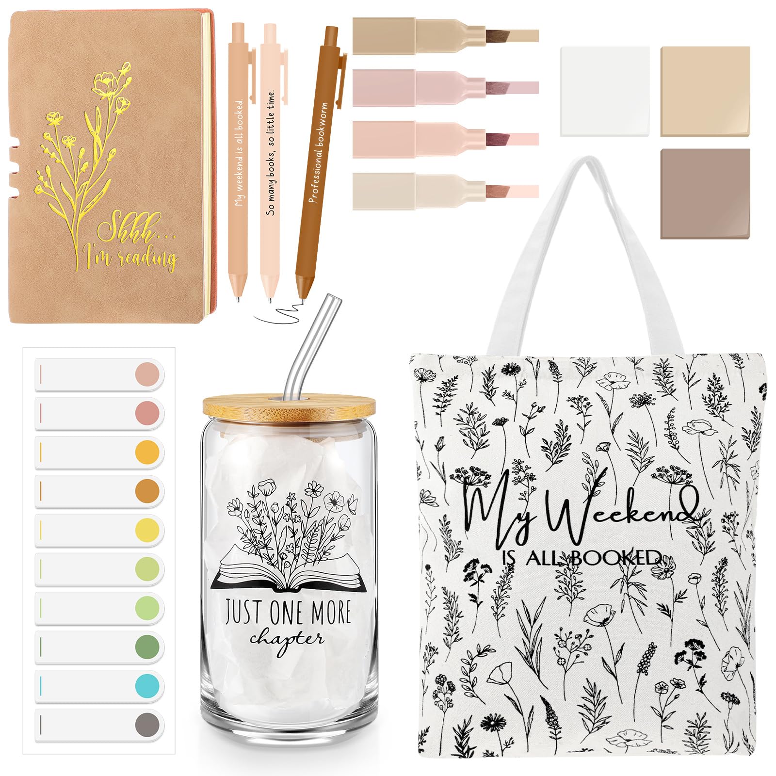 Havawish 14 Pcs Book Lovers Gifts for Women 16 oz Glass Cup Canvas Bag A6 Journal Notebook Ballpoint Pens Highlighters Sticky Notes for Reader