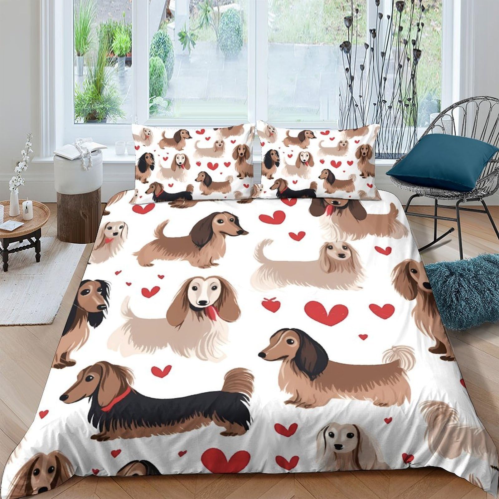 Ctjqhvkz Style-8 3D Printed Dachshund Dog Fitted Sheet Microfiber Soft Bed Cover Hearts Pattern For Bedroom Dorm Mattress Protection Decor Single（135X200cm）