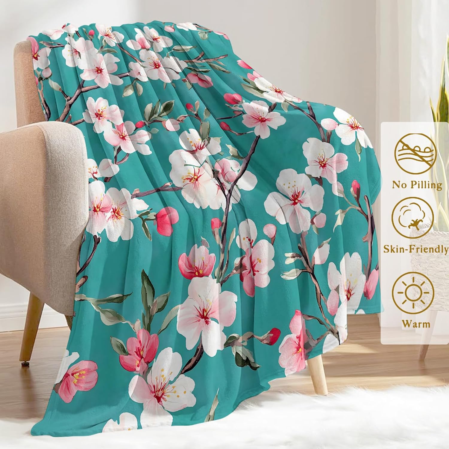 Cherry Blossom Branches Flannel Blanket - Lightweight Soft Cozy Unique Gifts Blankets for Floral Lovers,Kids,Adult,Women, Elegant Teal Background Art Throw,Home Room Modern Decor 50x60in - Image 3