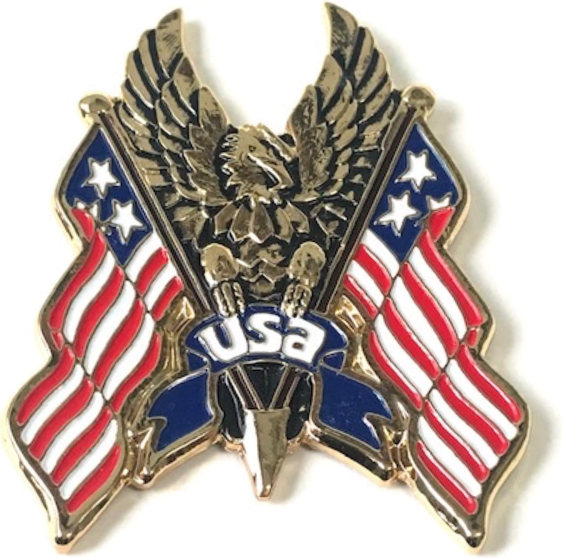 3" X 2.25" inch Eagle USA Flag Metal Gold Red White Blue Mini Medallion Harley Sportster Sissy Bar Backrest Davidson Bobber Chopper Emblem Logo Stick On 3M Decal Sticker Badge Dyna Biker Motorcycle HD