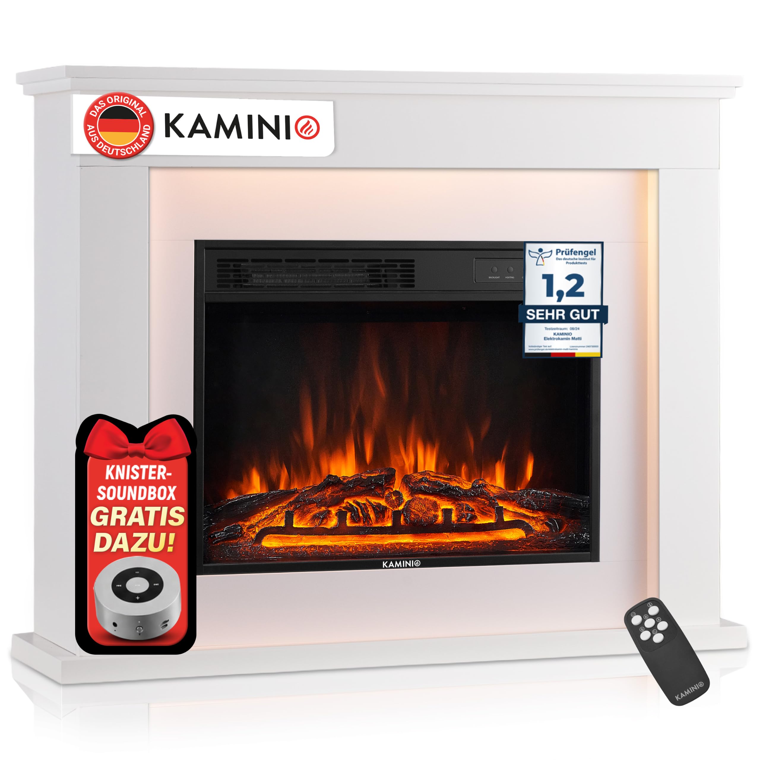 KAMINIO® Matti Classic 38 Weiß Elektrokamin mit Heizung [Standkamin]