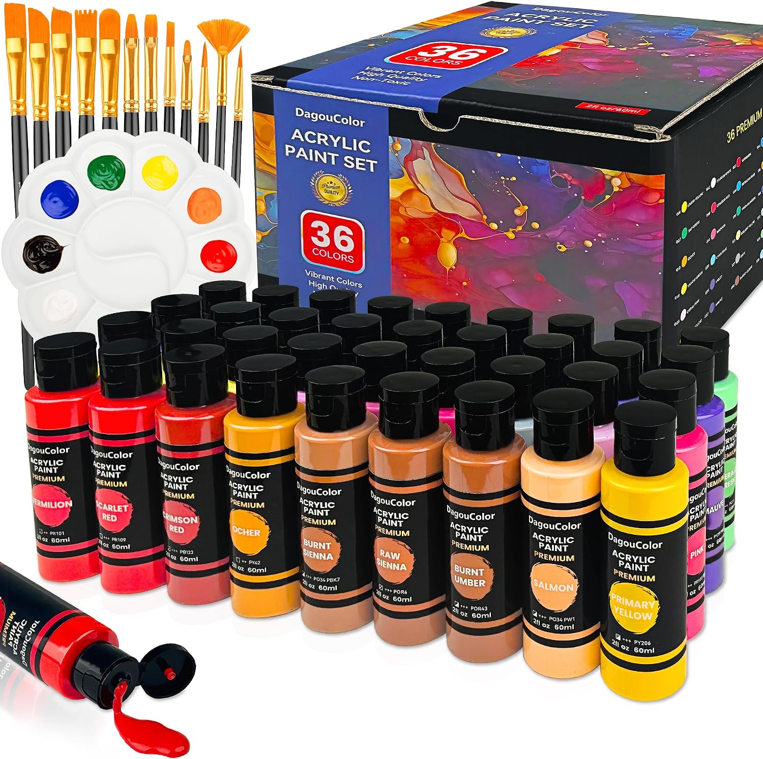 36 color Acrylic Paints Set, Brushes Palette Art Supplies Gifts for Kids & Adults, Fantastic Vibrant Pigment Art sets for Beginners and Professional Artists | 12 Brushes, 1 Palette, Acrylic Paints Art Supplies Gifts Crafts for Beginners Adult Artists