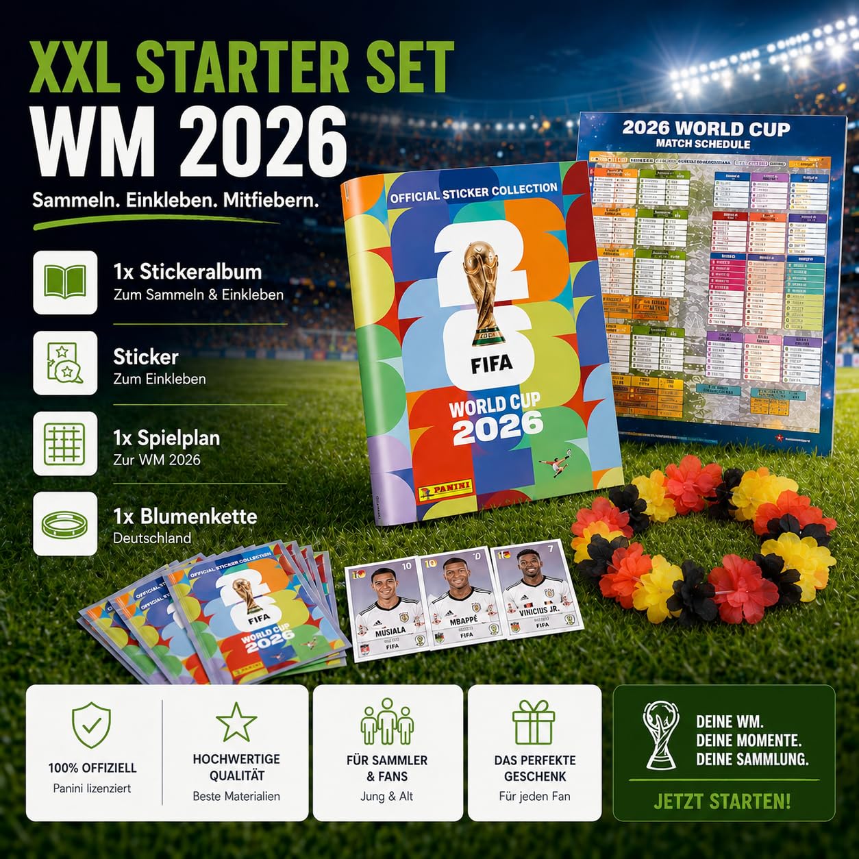 Set Panini Copa Mundial 2026 Álbum & Stickers – Tarjetas de Fútbol Coleccionables con Calendario de Partidos, Collar de Flores Alemania & Álbum Panini (10 Sobres / 70 Stickers) - 5