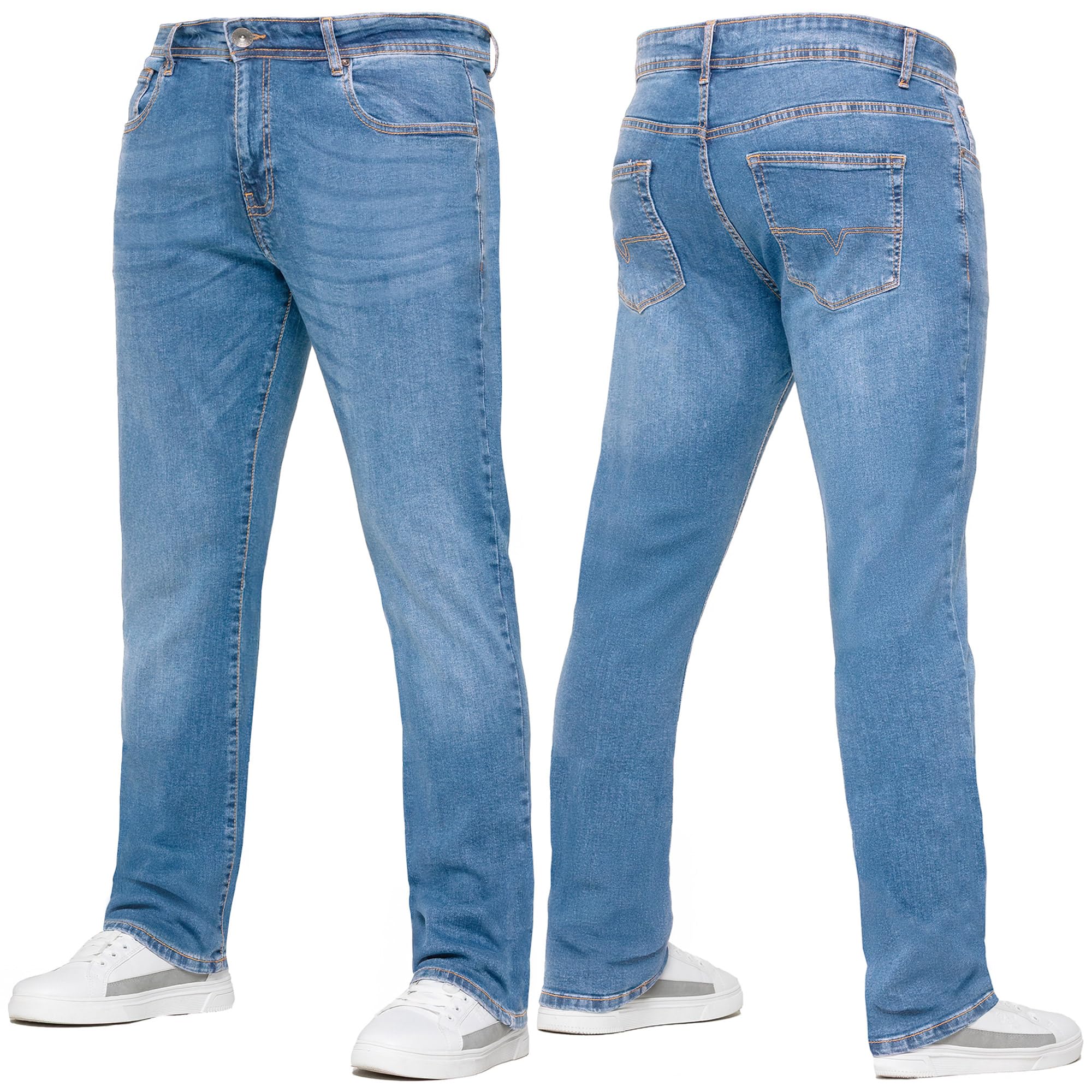 989Zé ENZO Mens Stretch Straight Leg Regular Fit Casual Cotton Classic 5 Pocket Basic Zipper Denim Jeans KZ127 Light Blue 30W / 30L