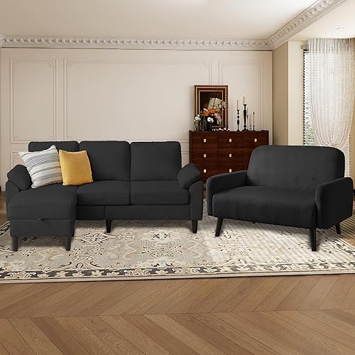 Juego de sofá seccional de corduroy con otomano de almacenamiento y sofá cama, sofá en forma de L de 3 plazas con otomano de almacenamiento oculto,