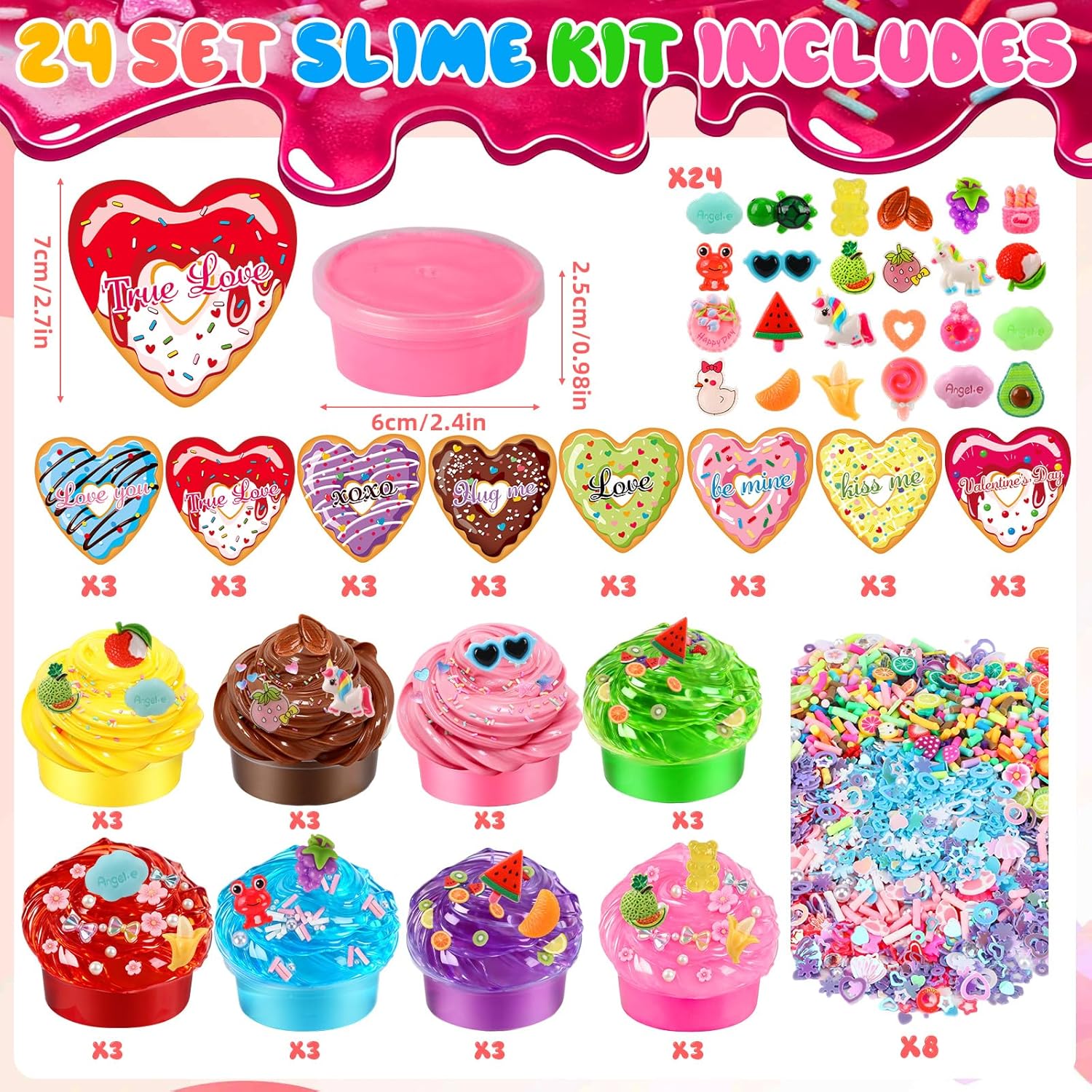 24 Pack Valentines Day Gifts,Slime Valentines for with Valentines Cards for Exchange Valentine's Slime Party Favors