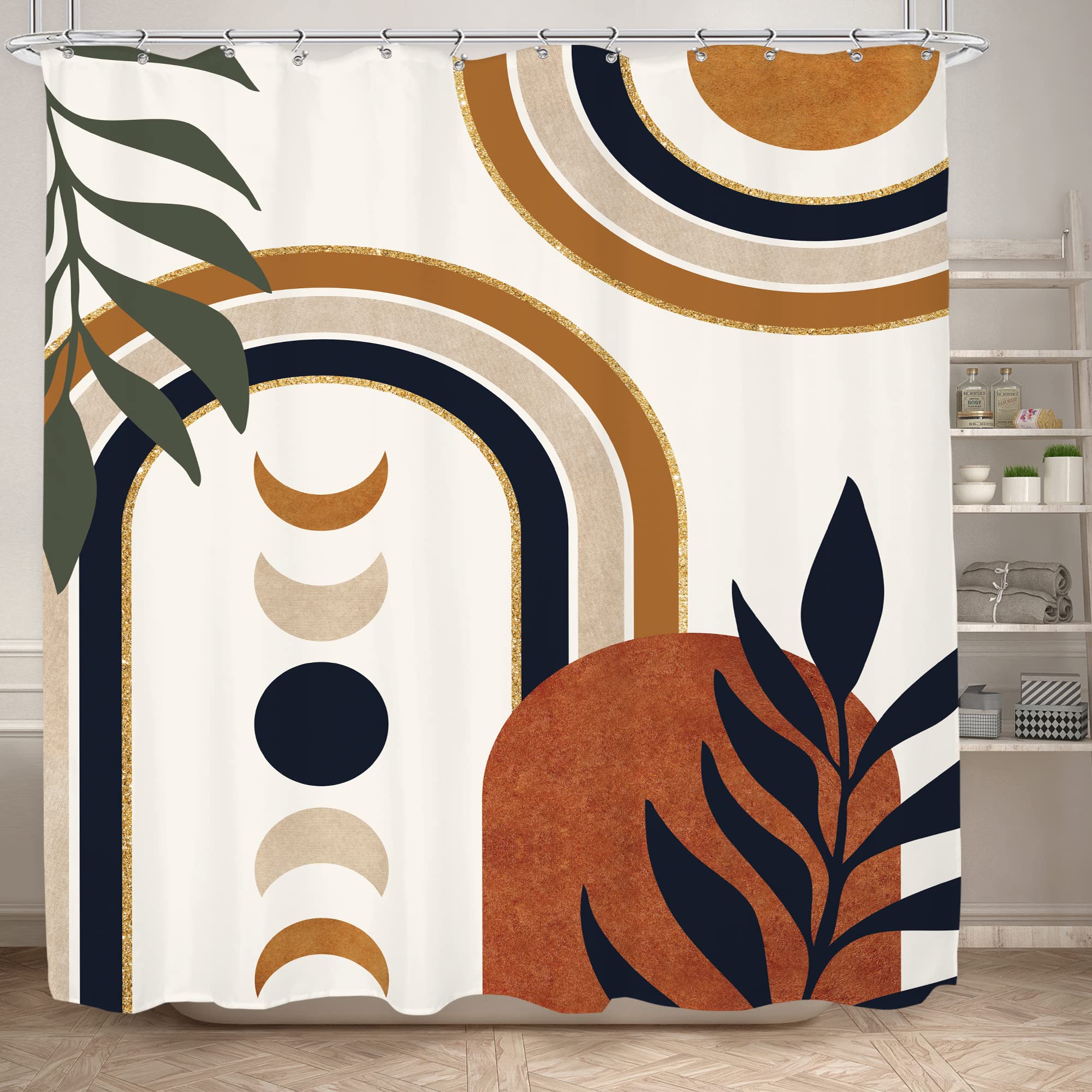 KOMLLEX Brown Boho Shower Curtain for Bathroom Decor 72Wx72H Mid Century Abstract Modern Moon Phase Minimalist Aesthetic Leaves Arch Geometric Neutral