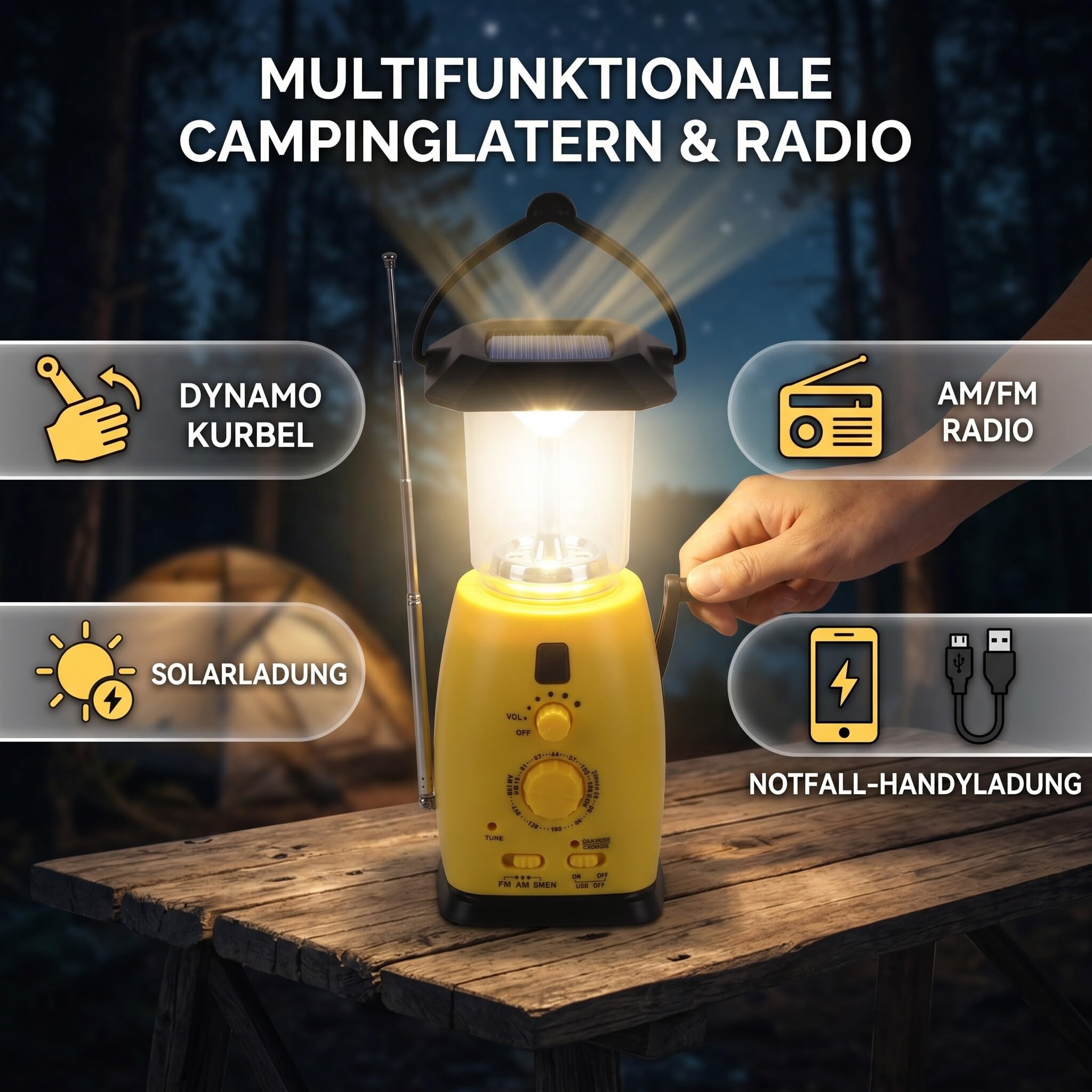 Radio de manivela solar multifuncional con linterna LED, cargador USB para teléfono y lámpara portátil para acampada, 2 niveles de brillo