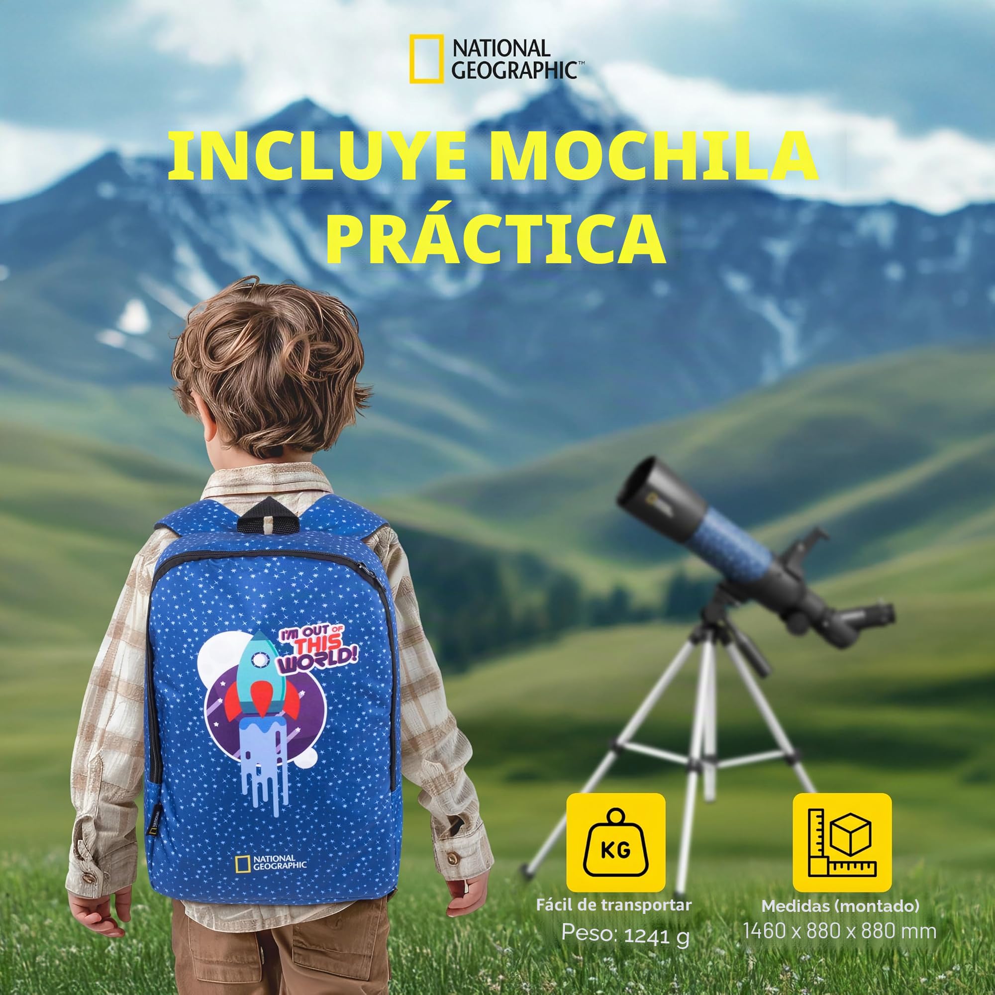 National Geographic Smart AR - Telescopio Infantil con trípode, Mochila, Soporte para Smartphone y aplicación de Realidad Aumentada