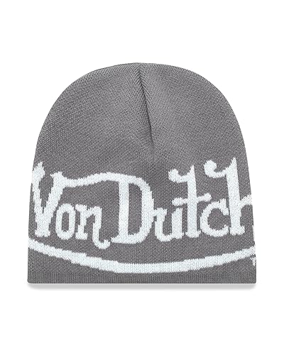 Von Dutch Womens Beanie Hat - Soft Cuffed Knitted Skull Cap Graphic Winter Beanie for Women with Embroidered Logo - Grey - One Size