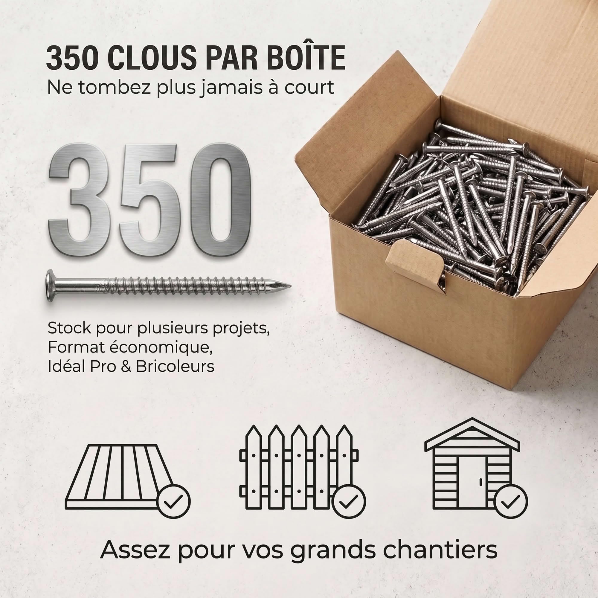 Pointes/clous annelés anti-retrait - Lot de 1kg (environ 350) - inox A4 anti-rouille - Longueur 50 mm - Diamètre 2,5 mm