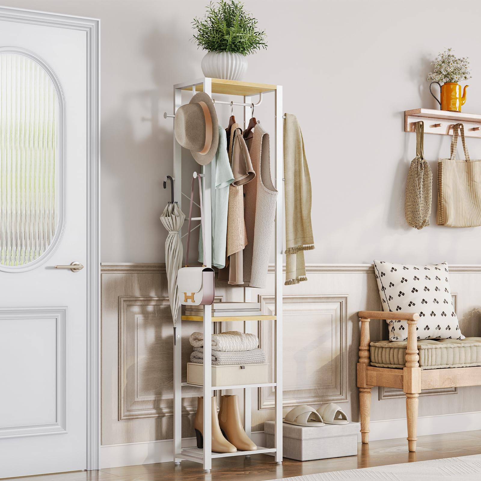 HOOBRO Garderobenständer, Garderobe mit Schuhregalen, Aufbewahrungsregal, Garderobe mit 3 Regalen, Vielseitiger Kleiderständer mit Schuh-Organizer, Weiß und Holzfarbe EWN04YM01