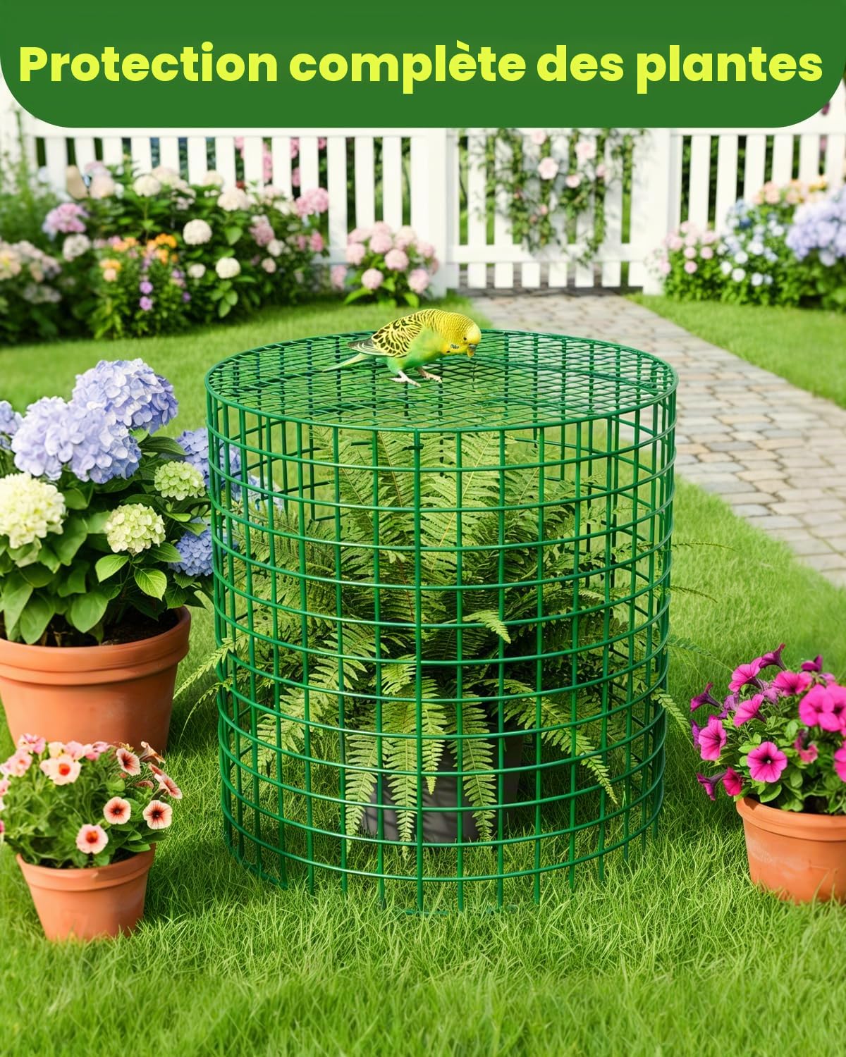Lot de 10 grilles de protection pour plantes avec couvercle, 33 cm de haut, en métal vert, cage de protection pour plantes avec gants, serre-câbles et piquets de terre, protection
