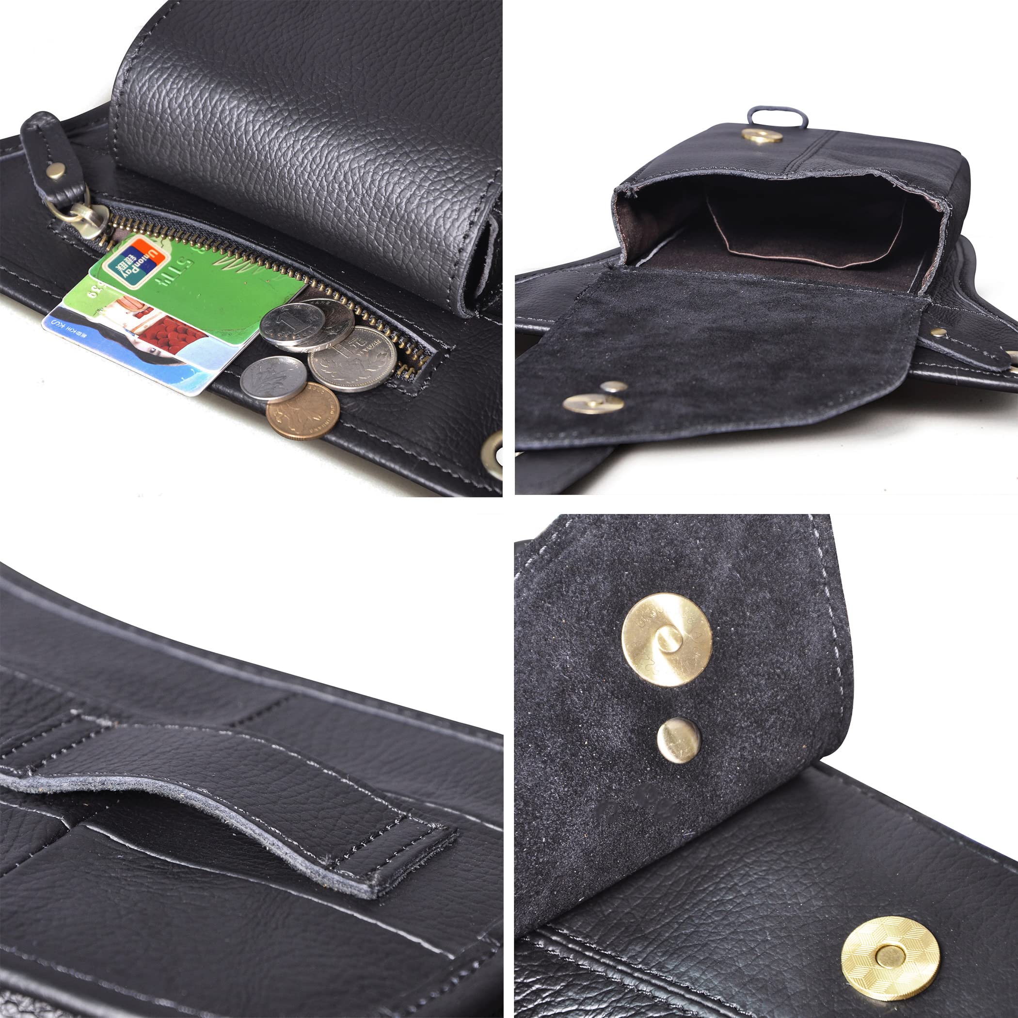 Herren Womens Echte Leder -Motorrad -Motorrad -Wanderwanderung Taille Pack Bein Oberschenkel Kreuz über Messengerbeutel (Schwarz)